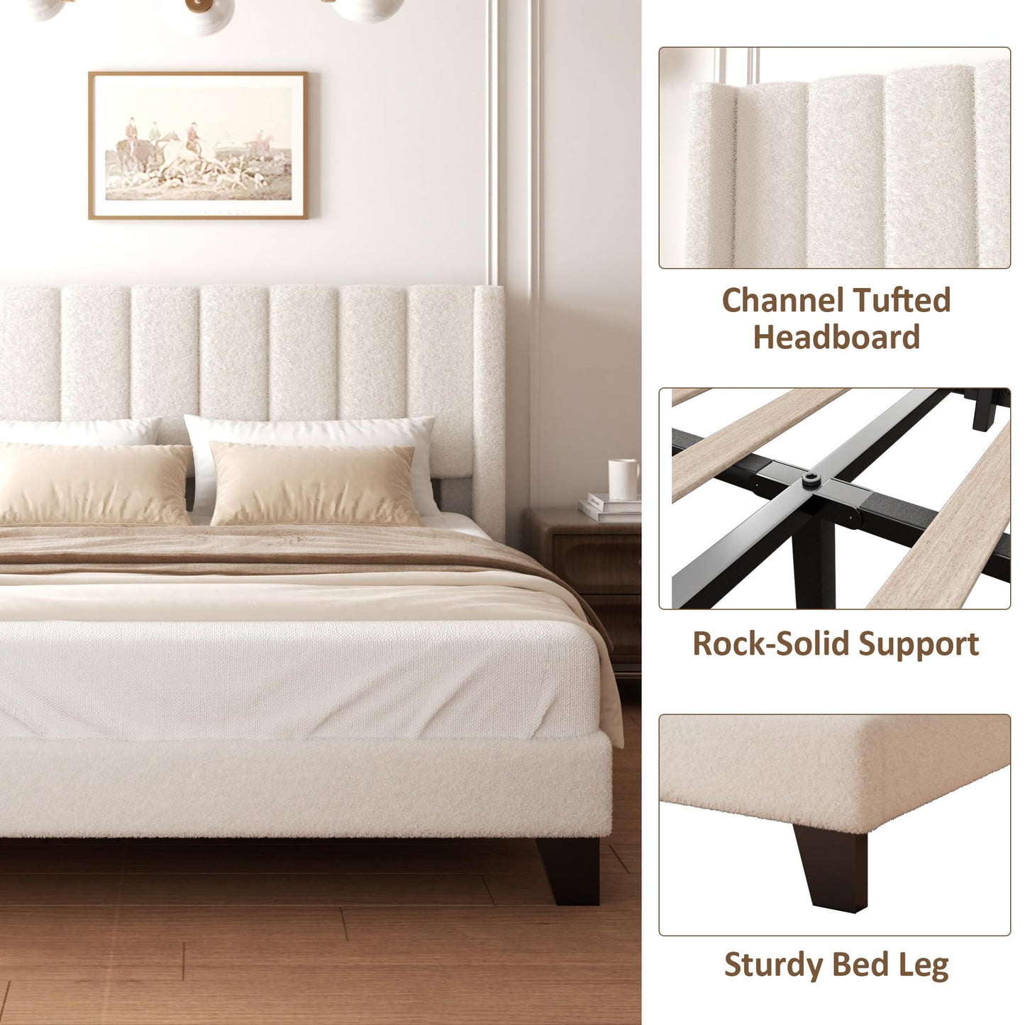 wirpexhowak King Bed Frame with Headboard Upholstered Platform Bed Frame with Teddy Velvet Headboard, Wooden Slats Support/Wing Edge Design/No Box Spring Needed/Easy Assembly, Beige King