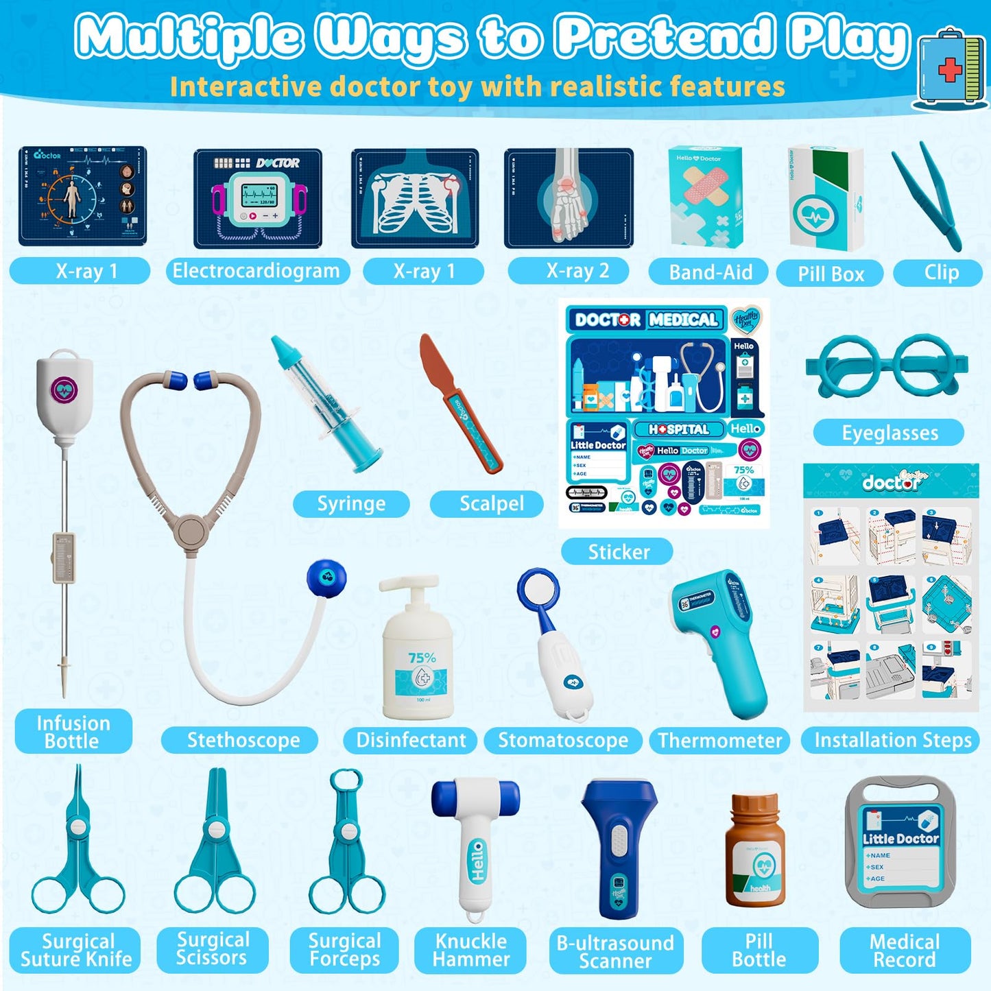 Doctor Kit for Toddlers 3-5, Pretend Doctors Play Set with Cart, Costume and Stethoscope for Kids Aged 3 4 5, Role Play Medical Toys for Girls Boys, Christmas Birthday Educational Gift for Toddler