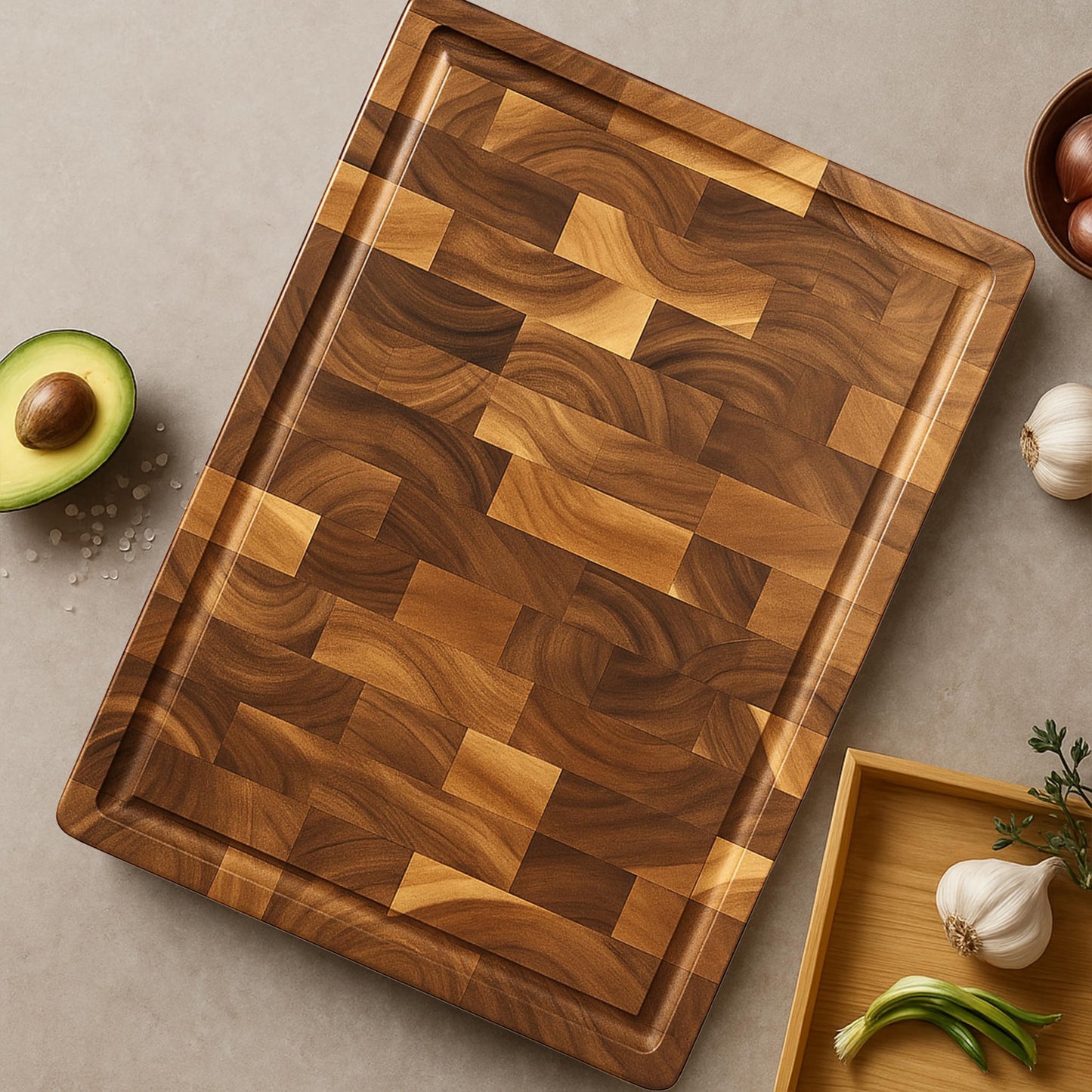 Seido Knives Gourmet Acacia End-Grain Cutting Board - 18" x 12" x 1.4" - Made From Acacia Wood Durable Withstand Heavy Duty Chopping Board Self-Healing Property Rubber Feet Juice Groove