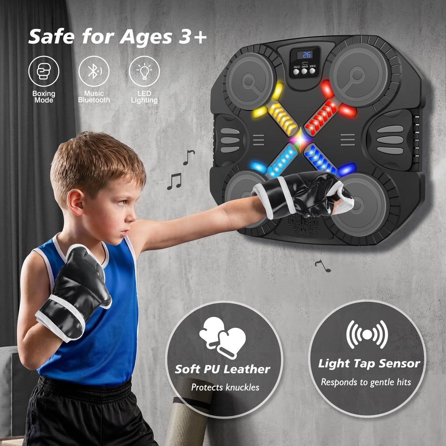 Music Boxing Machine Sport Toys for Kids,Wall Mounted Bluetooth Smart Punching Target,Training Pad Toy with Boxing Glove,Ideas Toys for Boys Girls Kids 3 4 5 6 7 8 9 10 11 12+ Years Old (Black)