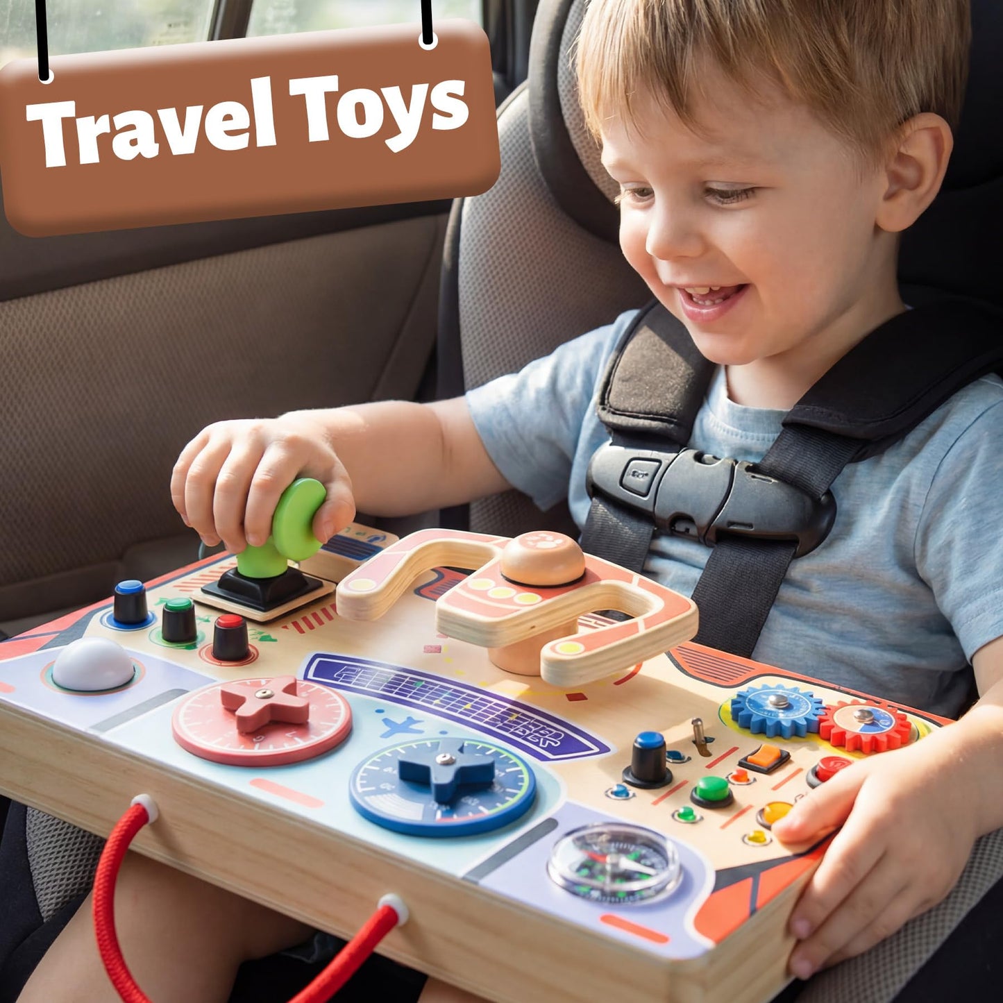 Teekdeer Montessori Busy Board for Toddlers 2-4,Wooden Sensory Steering Wheel Toys with LED Light Switch,Travel Toy Educational Fidget Activity Board for Boys and Girls Gift