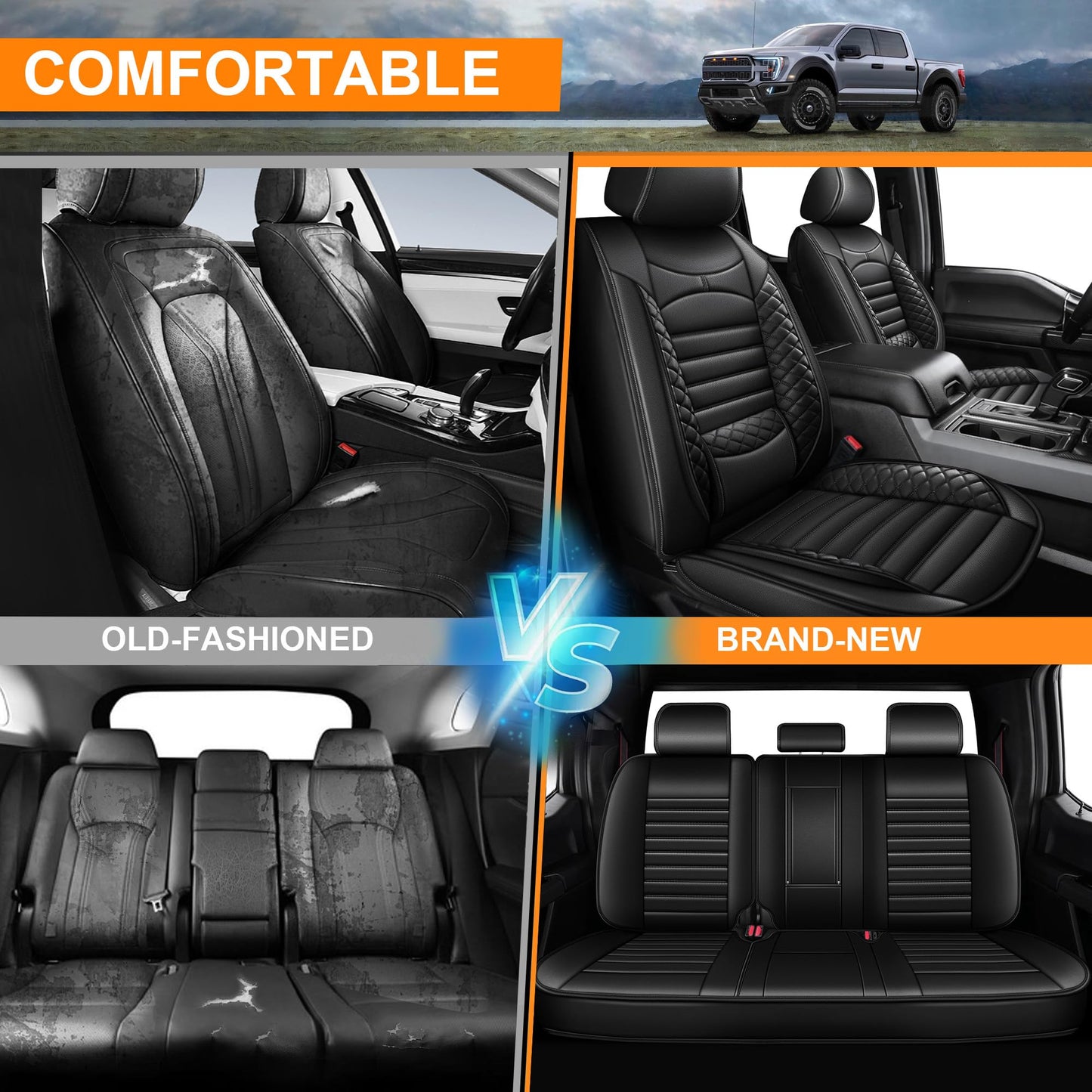 JIAMAOXIN Seat Covers for Ford F150 2009-2024 2025 - F250/F350/F450 2017-2024 2025: 5 Seat Full Set Faux Leather Truck Seat Covers Car Cushion (Black)