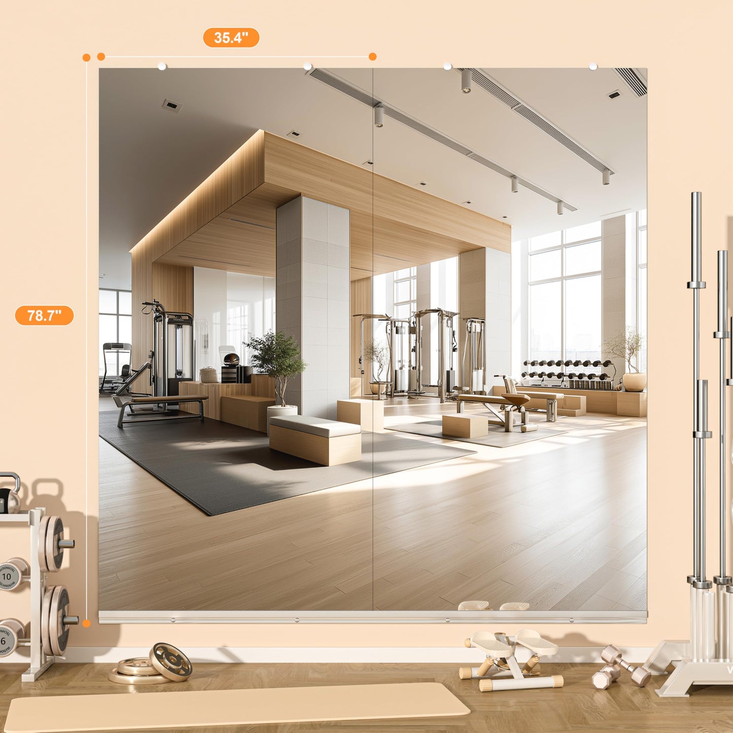 Hasipu Home Gym Mirror, 79"x36" Each, 1-Pack Frameless Wall Mounted Mirrors with Glass Clamps & 1 Aluminum Rail, Large Body Mirror for Home Gym, Yoga Studio, Bedroom, Silver Tempered Glass