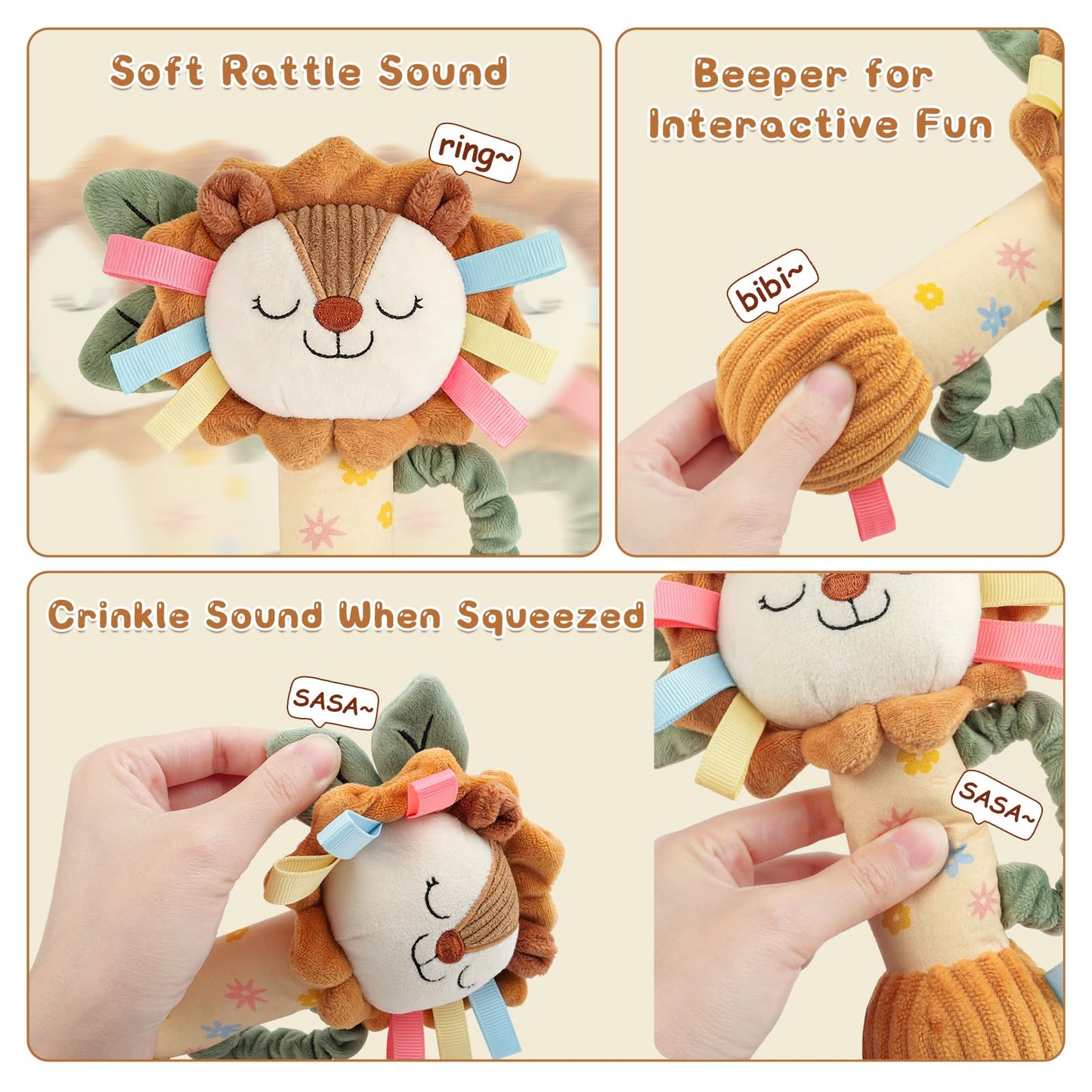 TYRY.HU Baby Rattles Toy, Plush Lion Rattle, Stuffed Animal Hand Rattles,Infant Grab Shake Rattle, Crinkle & Squeaker,Soft Sensory Toy with Sound for Babies 0-6 6-12 Months, Lion