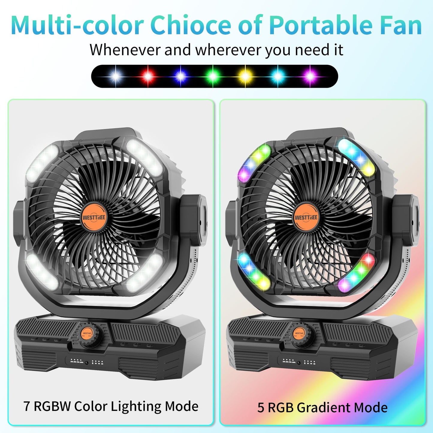 WESTTREE Battery Powered Fan Powerful Airflow Battery Operated Air Circulator Fan for Bedroom,Quiet & 360°Auto Oscillating Rechargeable Camping Fans with LED Light (RGBW) X66 Black