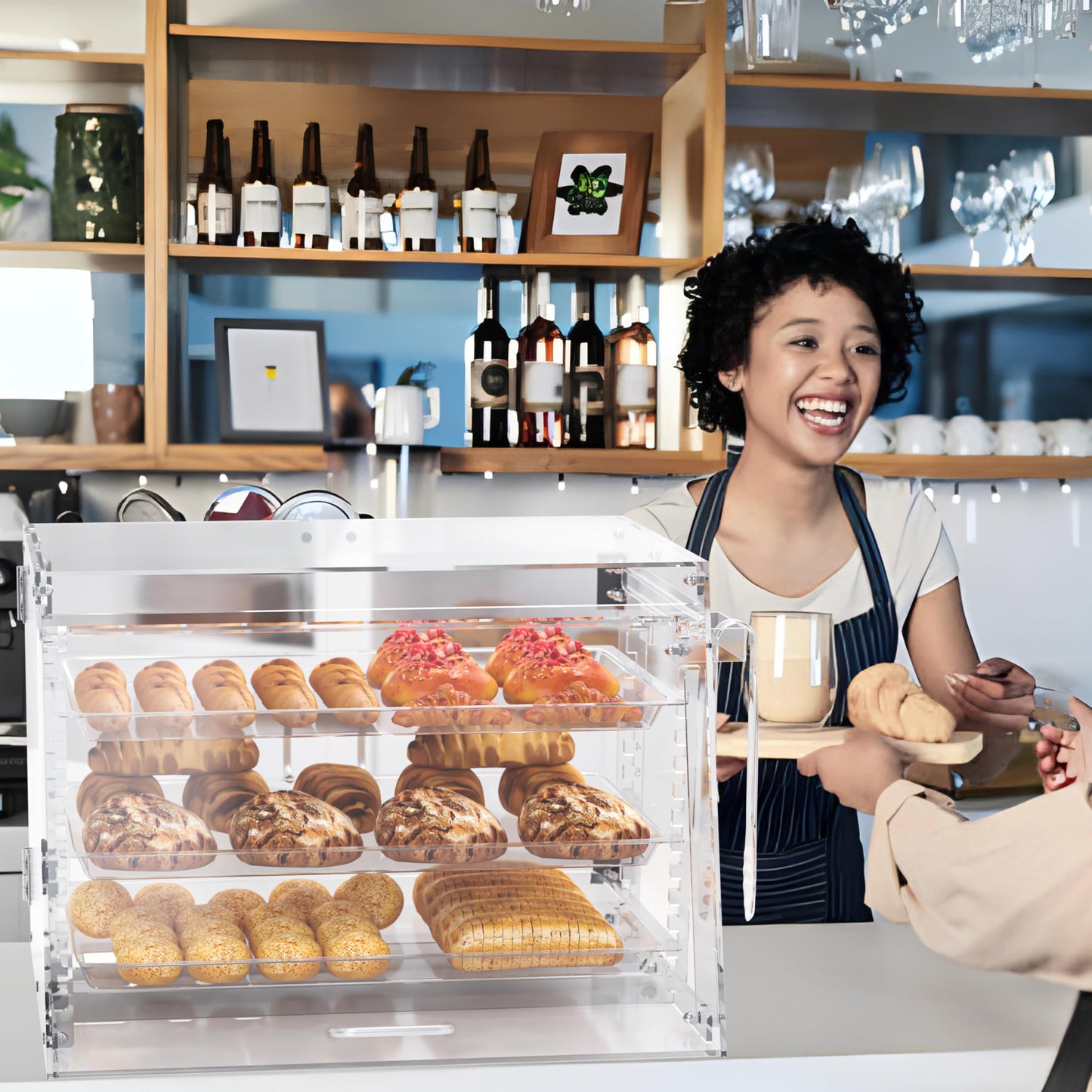 Commercial Countertop Bakery Display Case- Thickened Large Pastry Display Case with Bread Tong - 3 Tray Adjustable Bread Box for Bread,Cake and Cookie, 22.2" x 17.7" x 16"