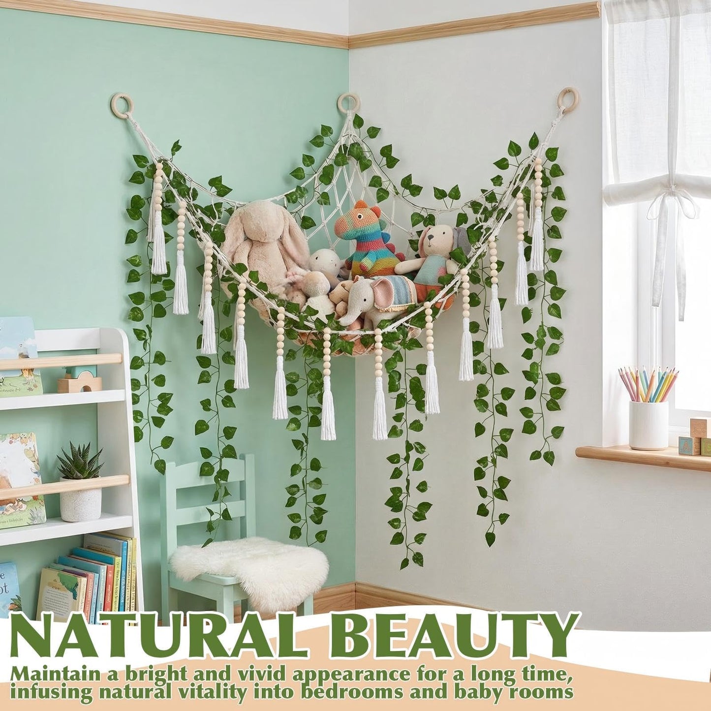 Suncalla 4 Pcs Large Stuffed Toy Storage Net Hammock Corner with Fake Vines Artificial Ivy Garland Bedroom Aesthetic Decor for Kids Baby Nursery Essentials Wall Bedroom Home Decor (White)