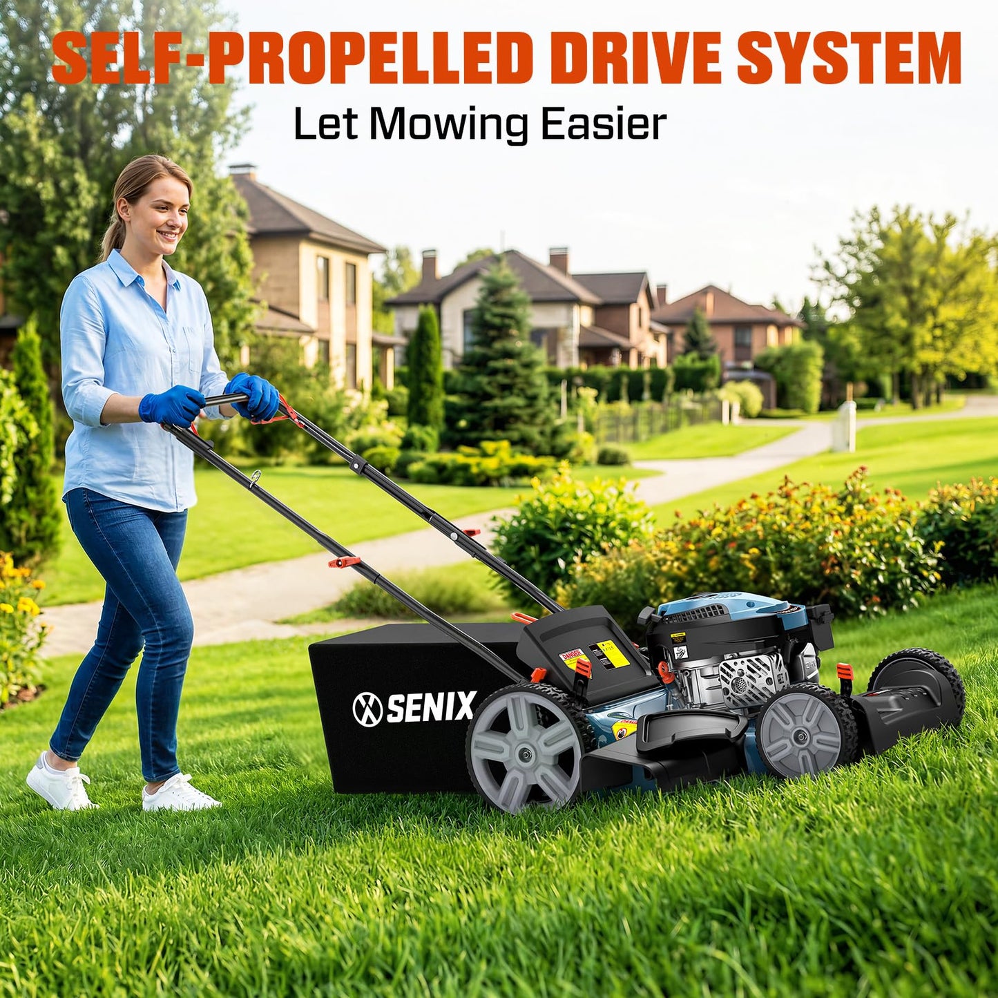 SENIX Gas Lawn Mower, 22" Self Propelled Gas Powered Lawnmower with 170cc OHV 4-Cycle Engine, 3-in-1 Walk-Behind Push Lawn Mower, 6-Position Height Adjustment