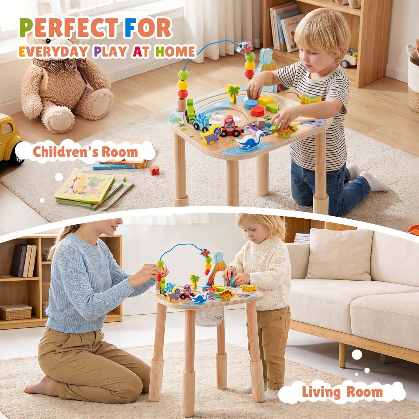 Activity Table for 1 Year Old with Two Height Levels,Wooden Sensory Play Table for Toddlers 1-3,8 in 1 Montessori Learning Toy with Bead Maze, Shape Sorter,Train,Gift for Baby Boys Girls (Dinosaur)