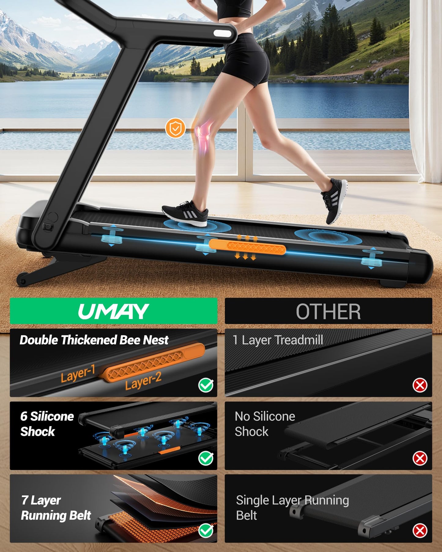 UMAY Fitness Treadmill with 20% Auto Incline,400LB Capacity,4.0HP & 9.5 MPH Speed,Foldable 55"x18"Ultra Large Wide Walking & Running Area Treadmill for Home with Handle (auto 20% Incline)