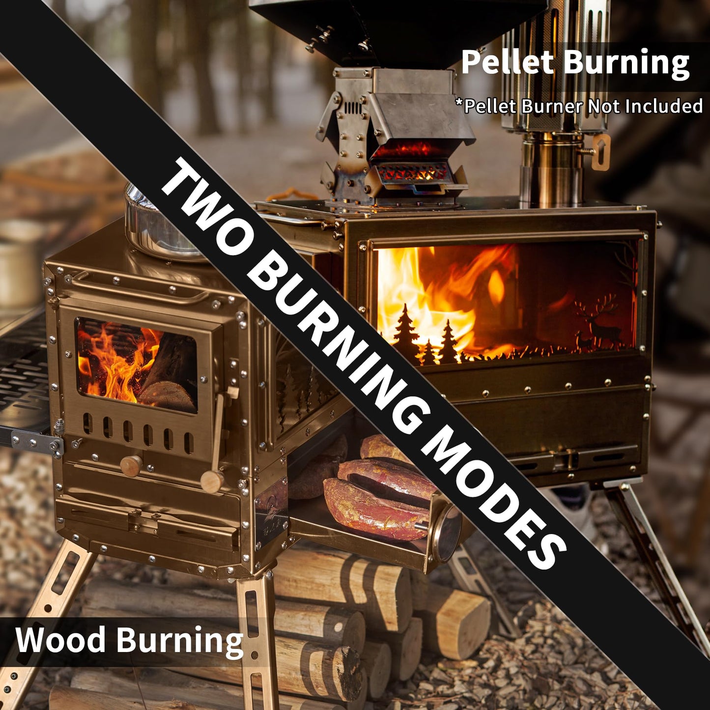 M6 Wood Burning Stove with Oven, 2100 Cu In Large Firebox & 3 Air Inlets, Stainless Steel Camp Stove with Foldable IGT Table, Ash Drawer & 6 Chimney Pipes for Outdoor Cooking, Camping