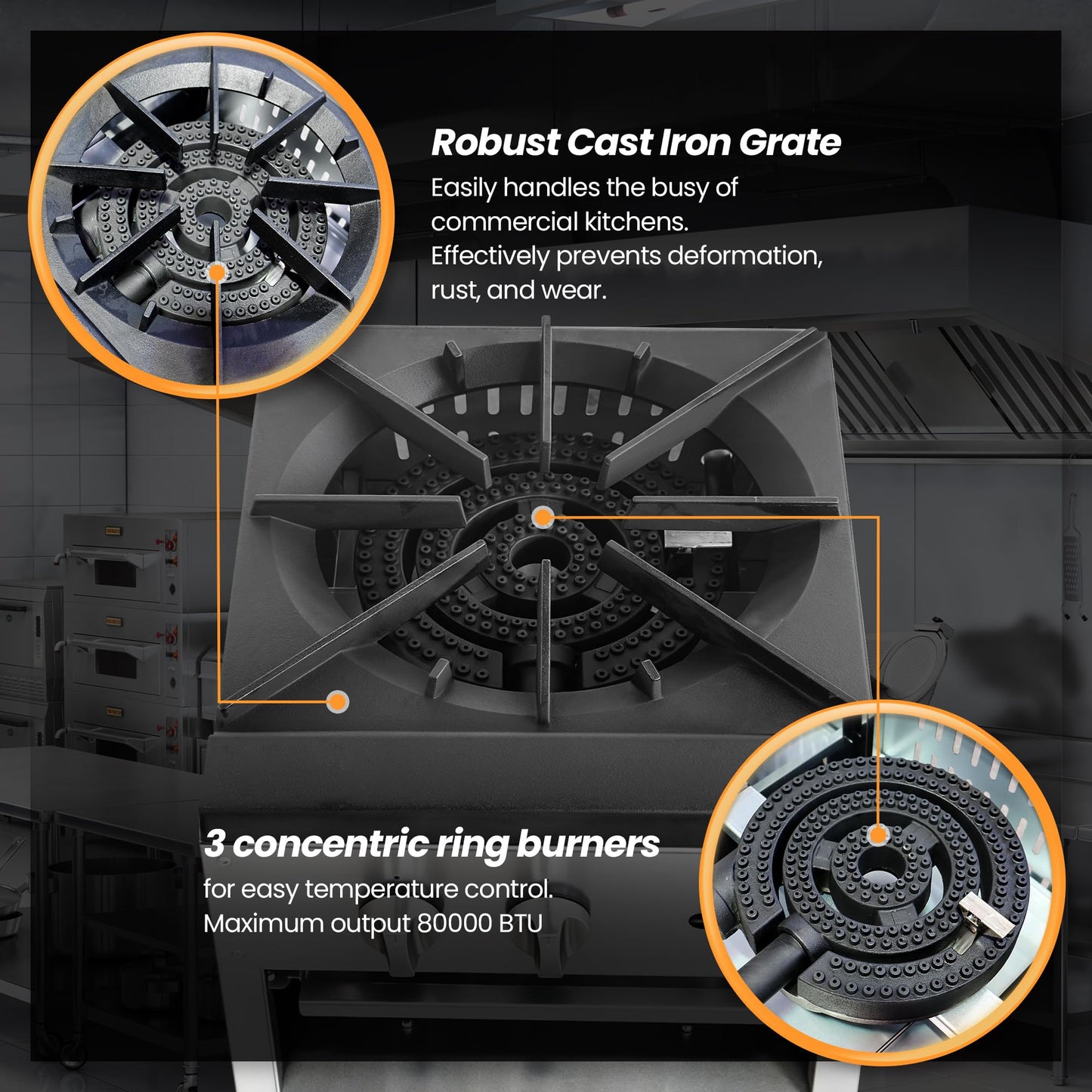 Commercial Stock Pot Range 80000 BTU Single Burner, 18″ Compact Commercial Stove with Cast Iron Grates & LP Conversion Kit for Large Pot Cooking