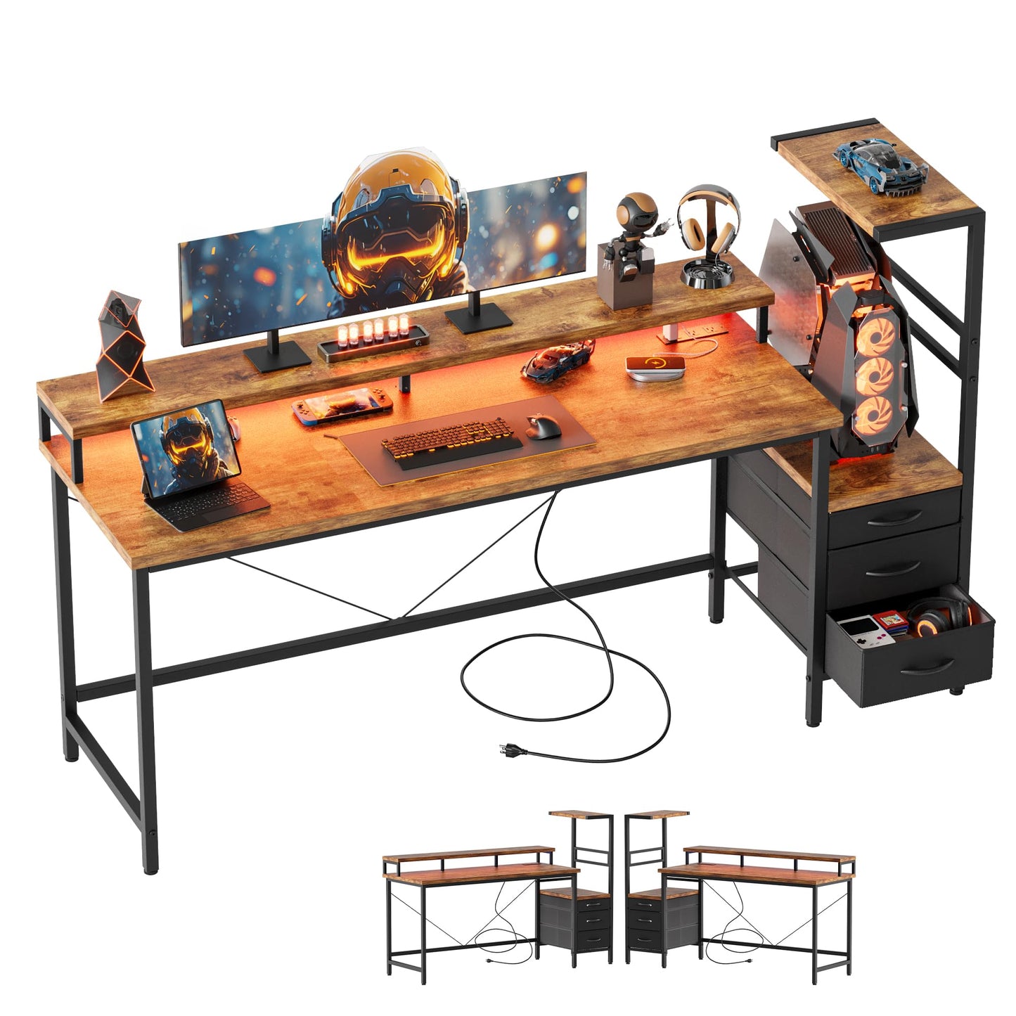 Mericonia Gaming Desk with Power Outlets & LED Lights, Reversible Computer Desk with PC Case Stand, Fabric Drawers, Modern Office Desk with Shelves, Monitor Stand (DJK-Rustic Brown, 51 inch)