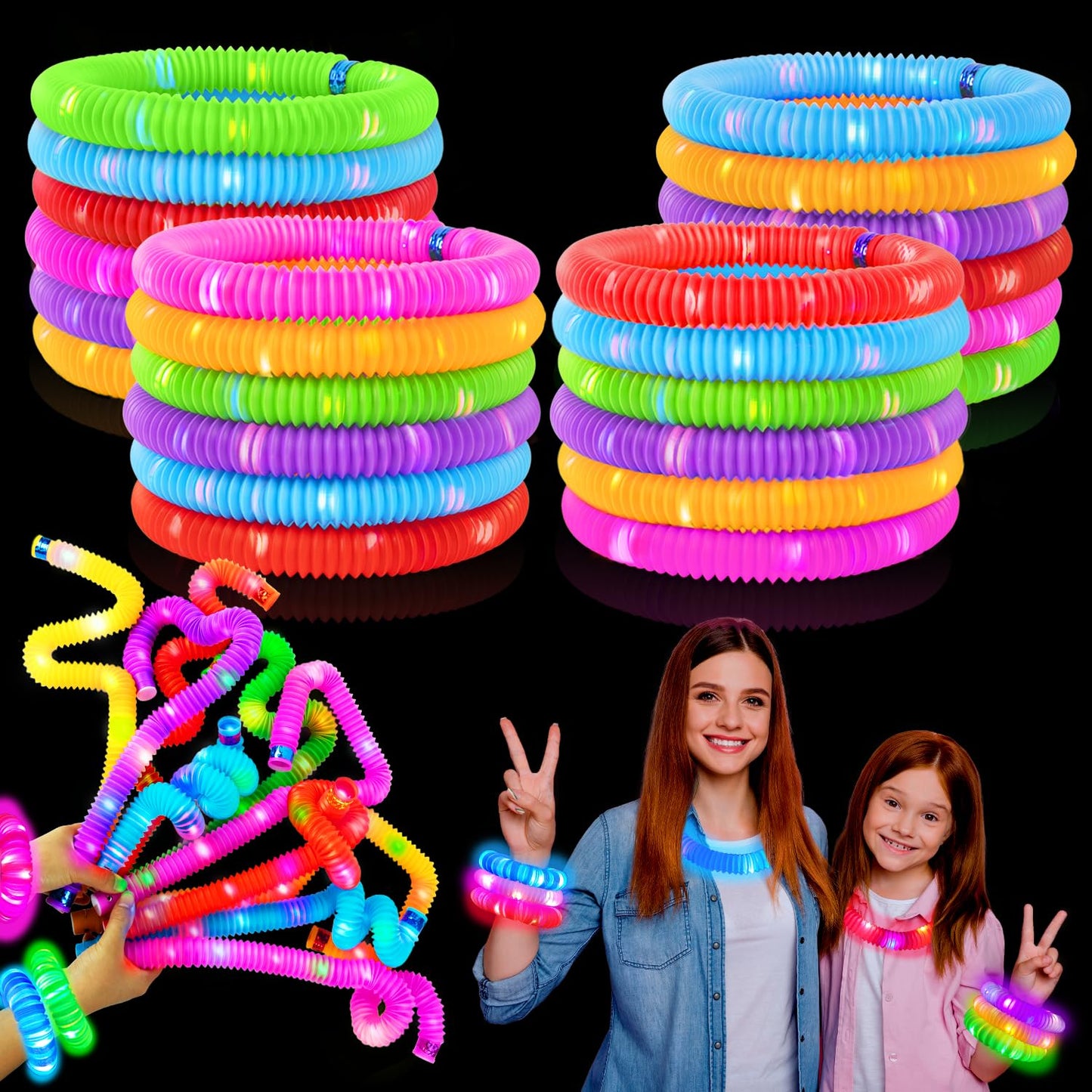 Glow Sticks Camping Toys Gifts for Kids 36 PCS, Light up Pop Tube Bracelet Necklace for Toddlers, Glow in the Dark Party Favors Decorations for 4th of July, Graduation Activities Prizes for Boys Girls