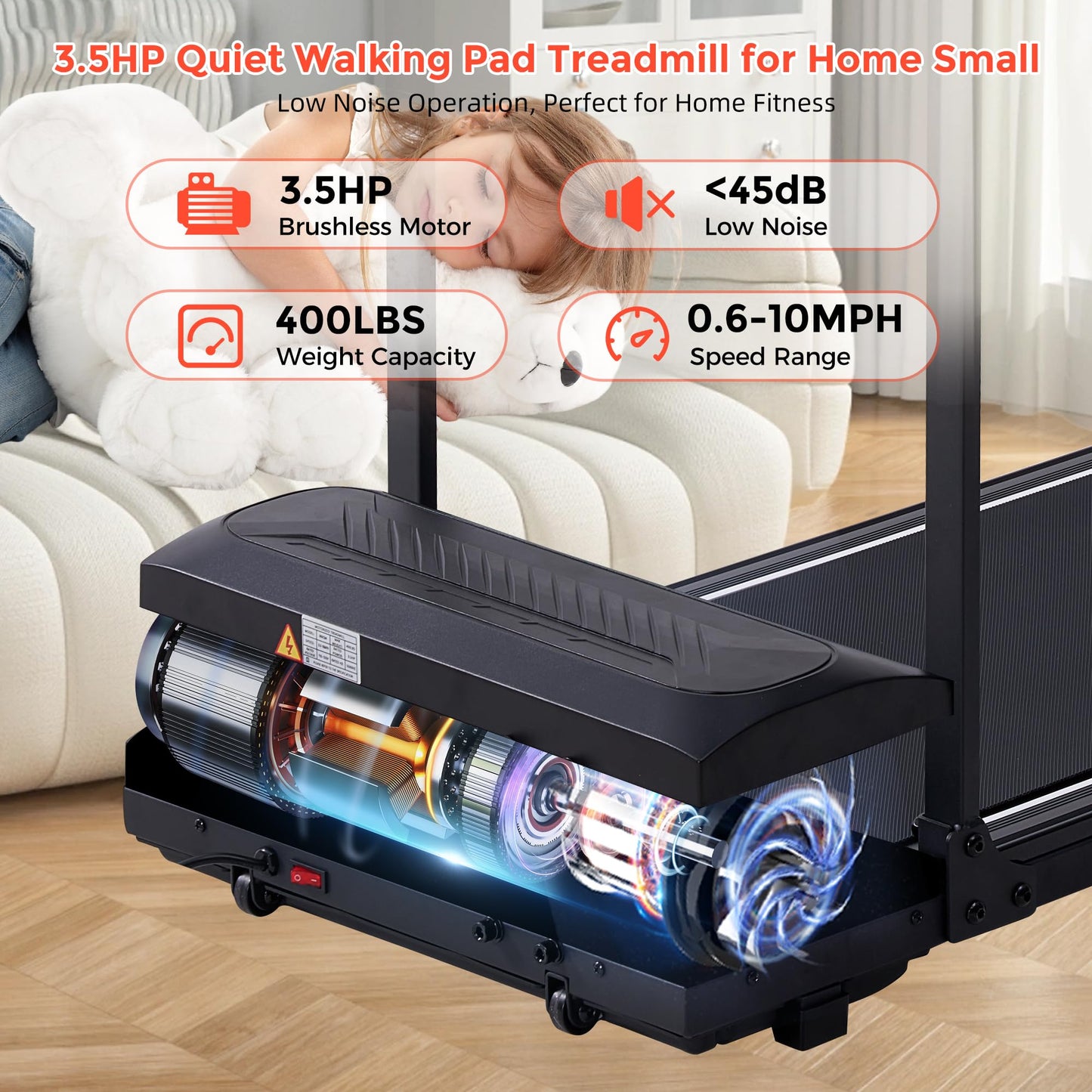 Electric Walking Pad with Handle Bar, 3.5HP Compact Walking Pads Treadmill with Handles, 0.6-10.0MPH Portable Small Treadmills for Home Office Apartment Small Spaces, 400LBS with Big Screen