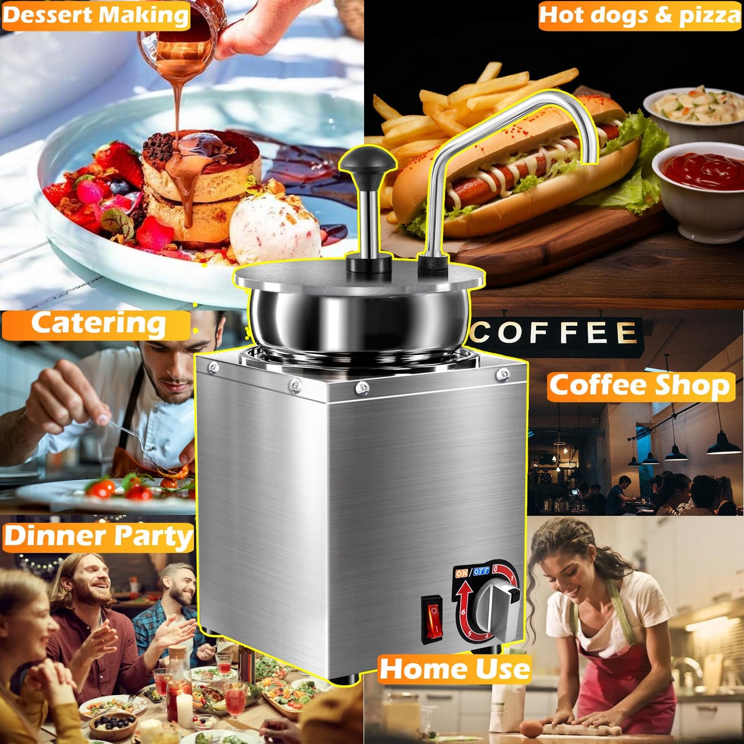 Nacho Cheese Dispenser with Stainless Steel Pump, 4.3 QT Sauce Warmer, 86-194℉ 6 Temperature Levels Adjustable Heater, Commercial Hot Fudge Chocolate, Hot Chili, Caramel, Peanut Butter Electric Warmer