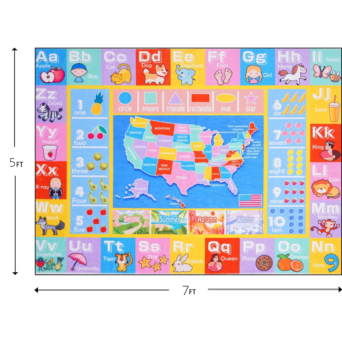OHDS Kids Rugs for Playroom - Soft & Non-Slip 5x7 Feet Educational Rug for Learning ABC Alphabet, Numbers, Shapes & Map, Washable Classroom Rug for Toddler Nursery & Kids Room Decor
