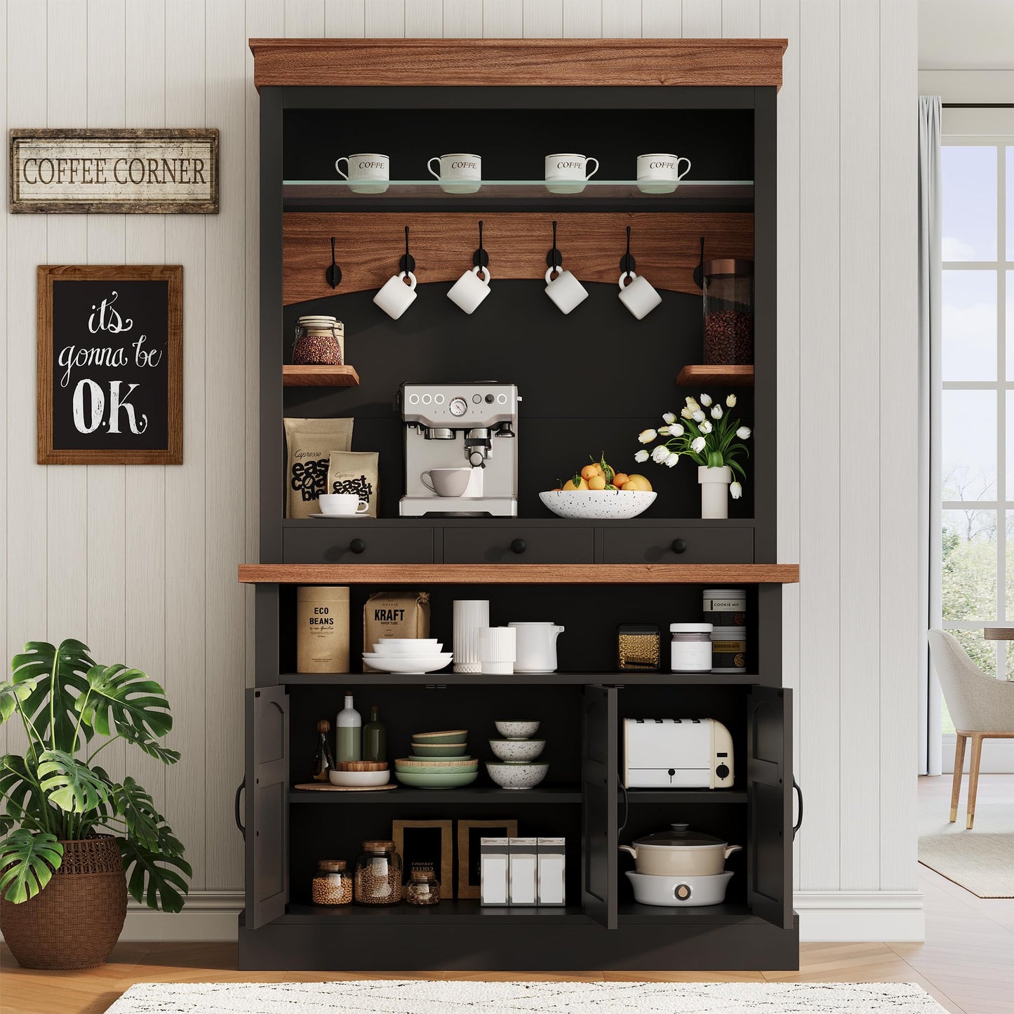 Coffee Bar Cabinet with LED Light, 72 in Tall Farmhouse Coffee Bar Hutch with Storage, Sideboard Buffet Cabinet with Microwave Stand/Glass Shelf/6 Hooks/3 Drawers for Kitchen Living Dining Room, Black