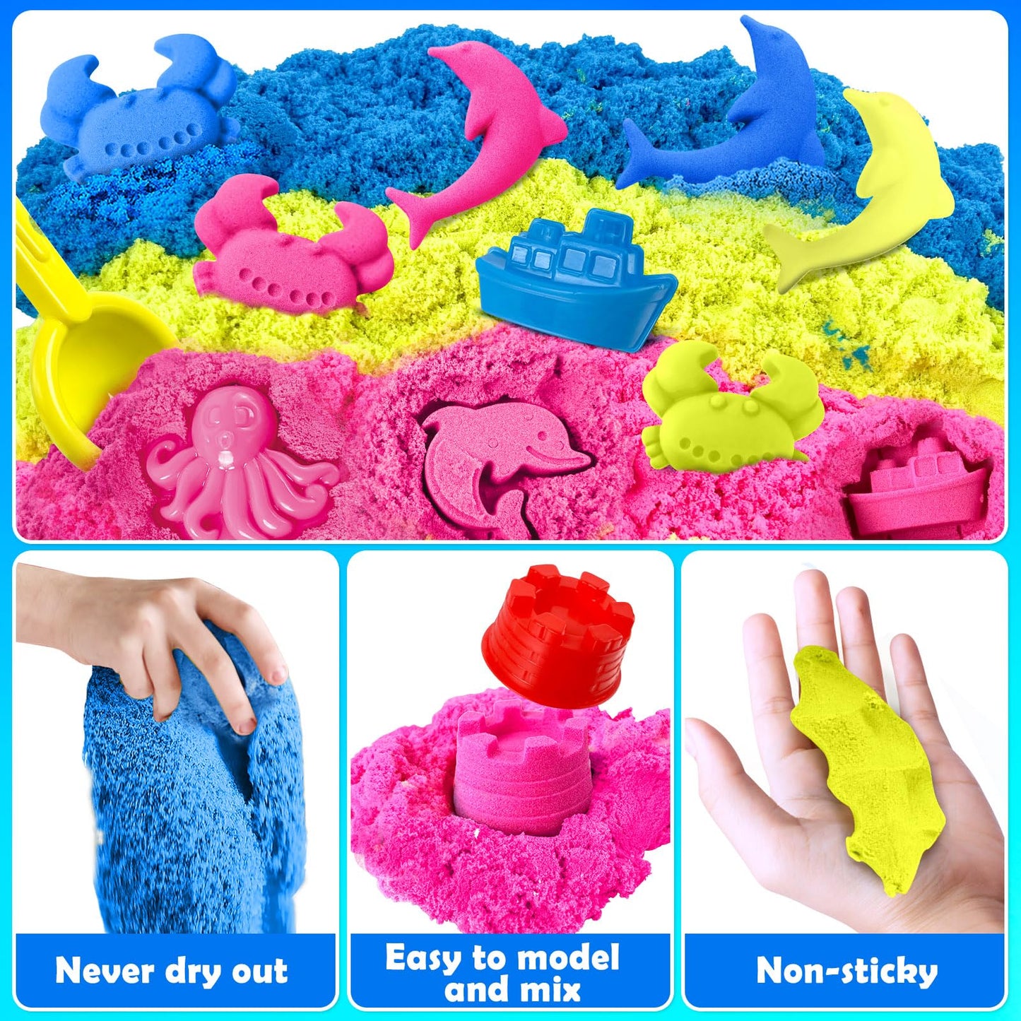 ESSENSON Sensory Bin - 52 PCS Play Sand Kit with 3lbs Magical Sand, Beach Toys Castle Molds Sand Molds, Sensory Toy Sandbox, Kids Gifts for Girls and Boys