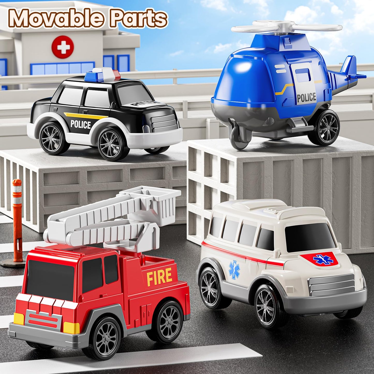 JUKUDAHU 5-in 1 Play Ambulance Toy Vehicle Toddler Truck Toys for 3 4 5 6 7 Year Old Boys - Friction Powered Cars with Light and Sound, Police Car, Fire Truck, Ambulance Car, Birthday Gifts for Kids