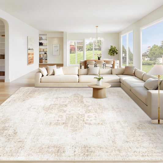 VECARF Area Rug 8x10 Washable Rug, Vintage Boho Medallion Rugs Non-Slip Soft Low Pile Large Distressed Rug Indoor Retro Carpet for Living Room Bedroom Dining Room Home Office (Beige, 8'x10')