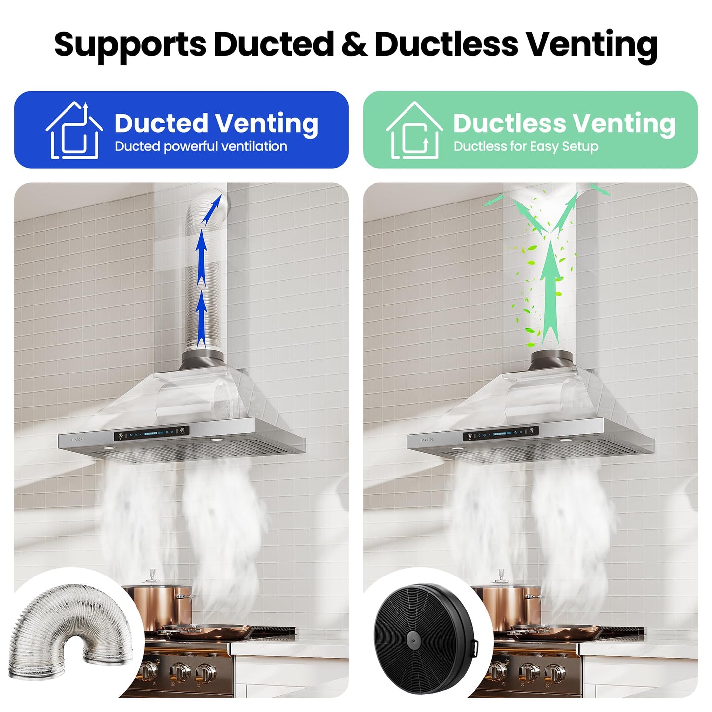 IKTCH 36-inch Wall Mount Range Hood 900 CFM Ducted/Ductless Convertible, Kitchen Chimney Vent Stainless Steel with Gesture Sensing & Touch Control Switch Panel, 2 Pcs Adjustable Lights(IKP02-36'')