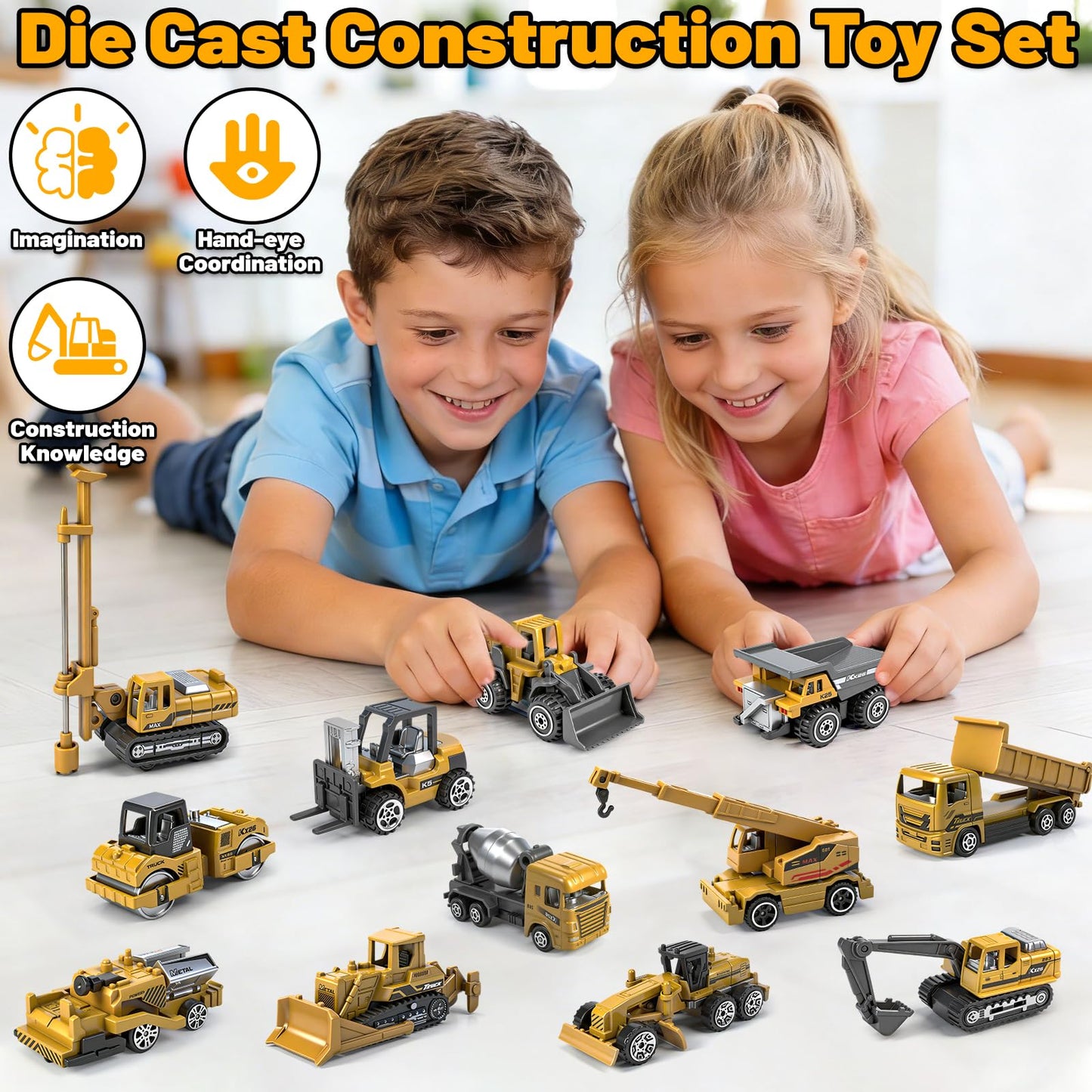 12 Pack Diecast Construction Toys, Mini Alloy Engineering Vehicle Car Set for Kids 3 4 5 6 7 8 Years Old, Excavator Truck Toys for Birthday Party Favors Cake Decorations Gifts(Yellow)