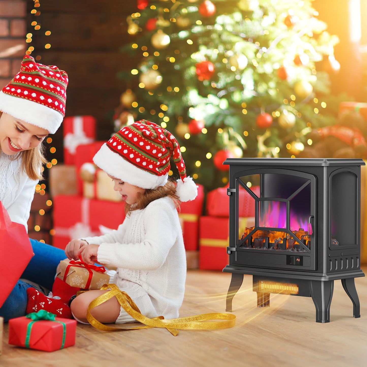 ROVSUN Electric Fireplace Stove, 23''H Freestanding Heater with Realistic Flame Effect, APP & Remote Control, Timer, Adjustable Temp, Overheat & Tip-Over Protection for Bedroom Living Room, 1400W
