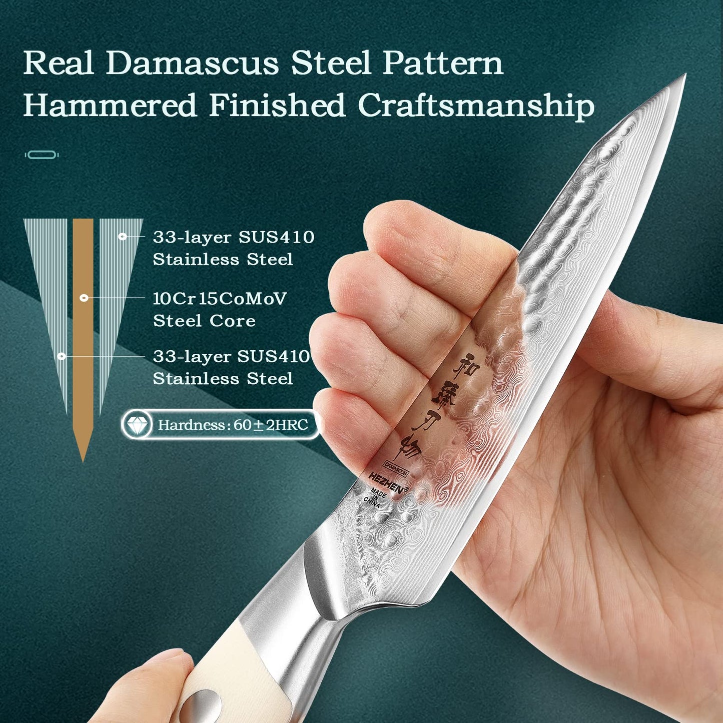 HEZHEN 5PCS Damascus Steel Kitchen Knife Set, 67 Layers Chef, Universal Peeling, Paring, Bread Knife, Ivory White G10 Handle Cooking Tools