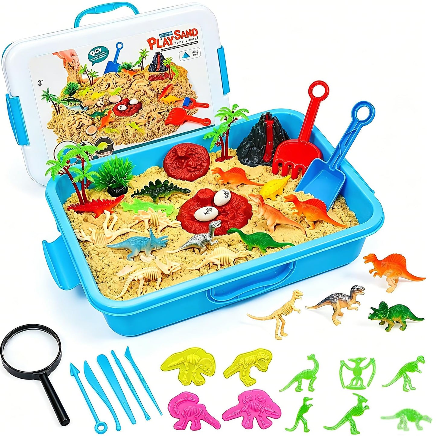 Vectronum Dinosaur Sensory Bin with Lid - 2.64lbs Sand, Archaeology Tools, Dino Figures & Skeletons, Sensory Kit for Boys Toddlers, Dinosaur Toys for Kids 3 4 5 6 7+ Year Old Christmas Birthday Gift