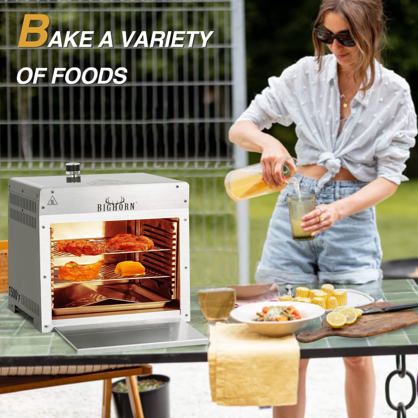 BIG HORN OUTDOORS 1500°F Small Infrared Propane Gas Grill – Portable Steak Broiler & Sear Station, Outdoor Salamander BBQ with Pizza Stone, Stainless Steel