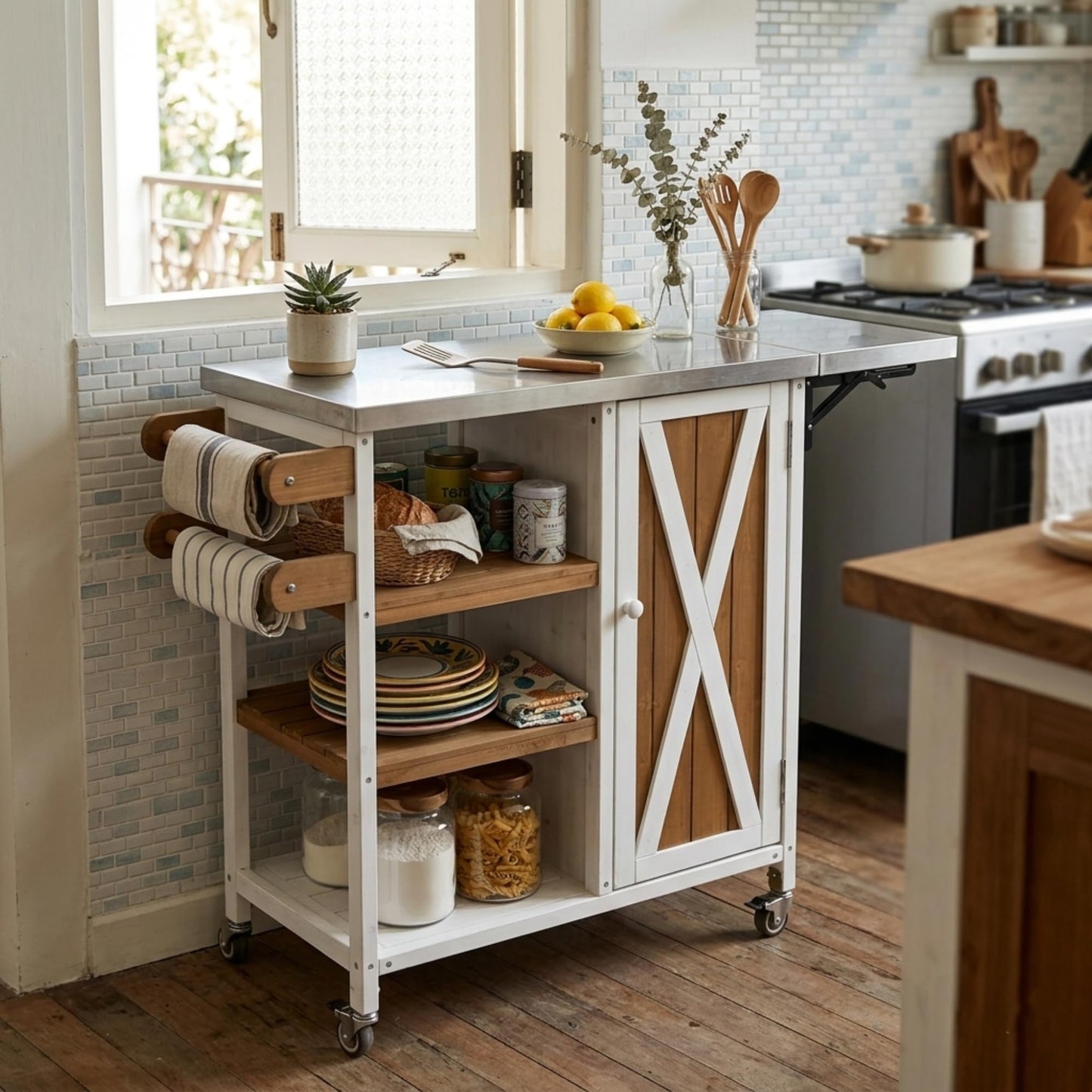 Casaphoria Outdoor Grill Cart with Folding Stainless Steel Tabletop,40" x 15" Rolling BBQ Prep Station & Kitchen Island, Wood Garden Table with Storage Cabinet and Towel Rack,White