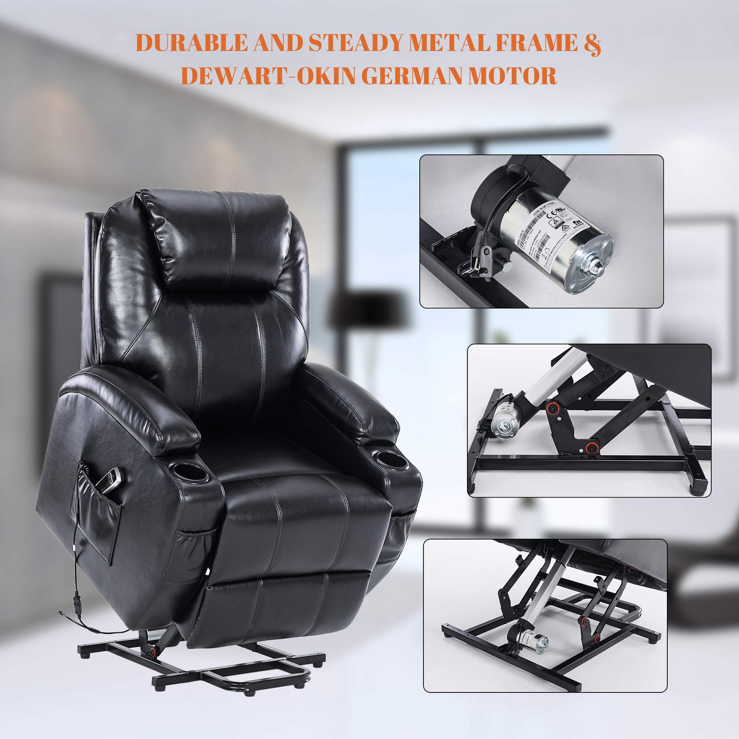 S*MAX Lift Chairs Recliners for Elderly Power Recliner Chairs Full Air Leather Electric Recliner Chairs Side Pockets USB Charge Port and Remote Control Power Lift Recliners Black