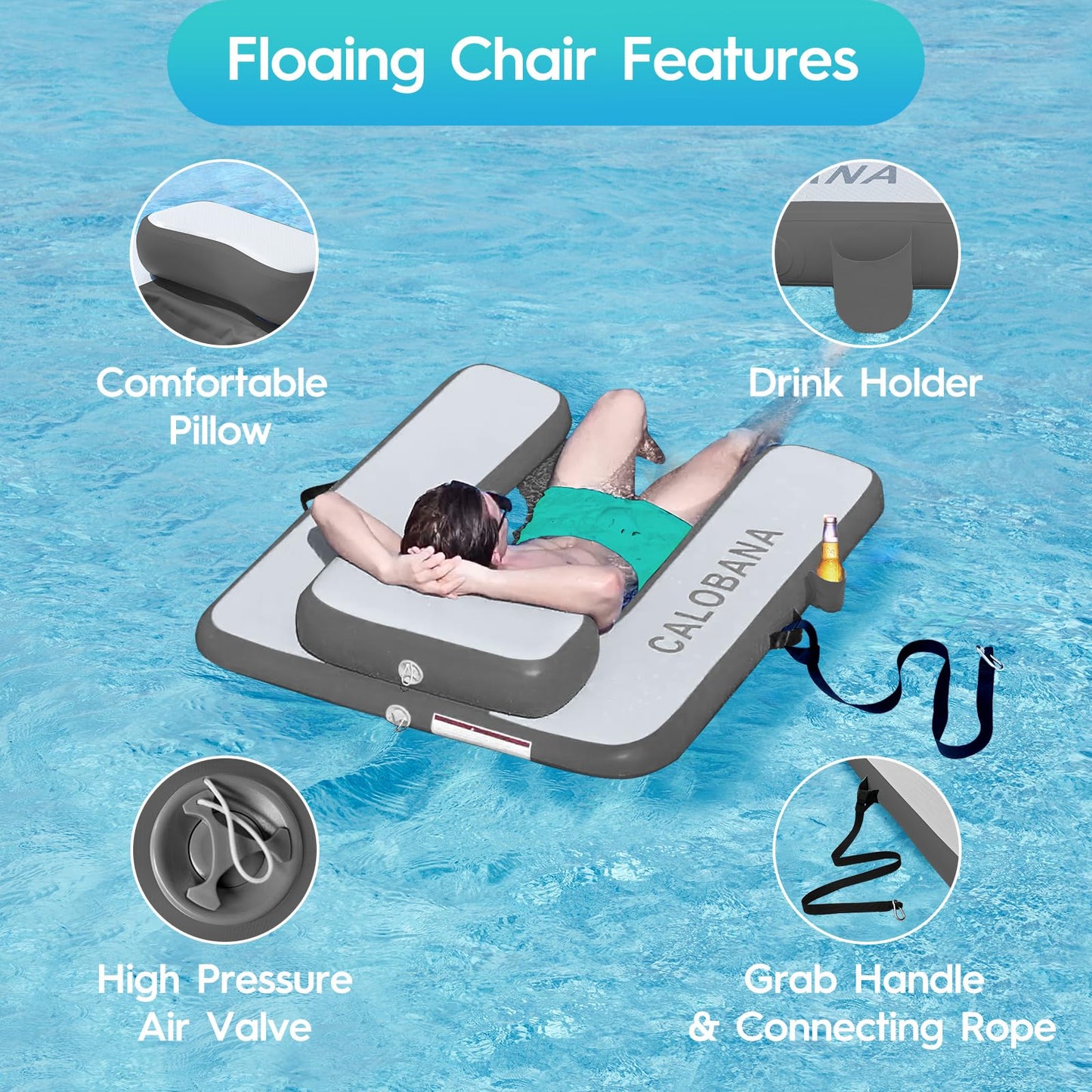 CALOBANA Inflatable Floating Chair, Tanning Pool Lounger Chair Floats for Adult Summer Beach Lake Swimming Pool Party, Grey