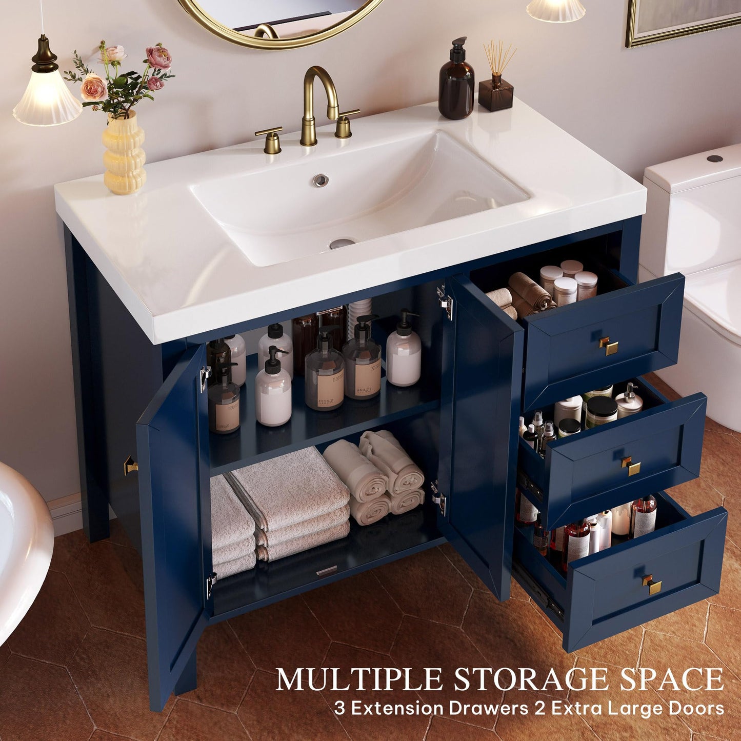 DWVO 42 Inch Bathroom Vanity with Sink Combo, Modern Bathroom Storage Cabinet with Resin Basin, Three Holes, 2 Doors & 3 Drawers, Navy Blue