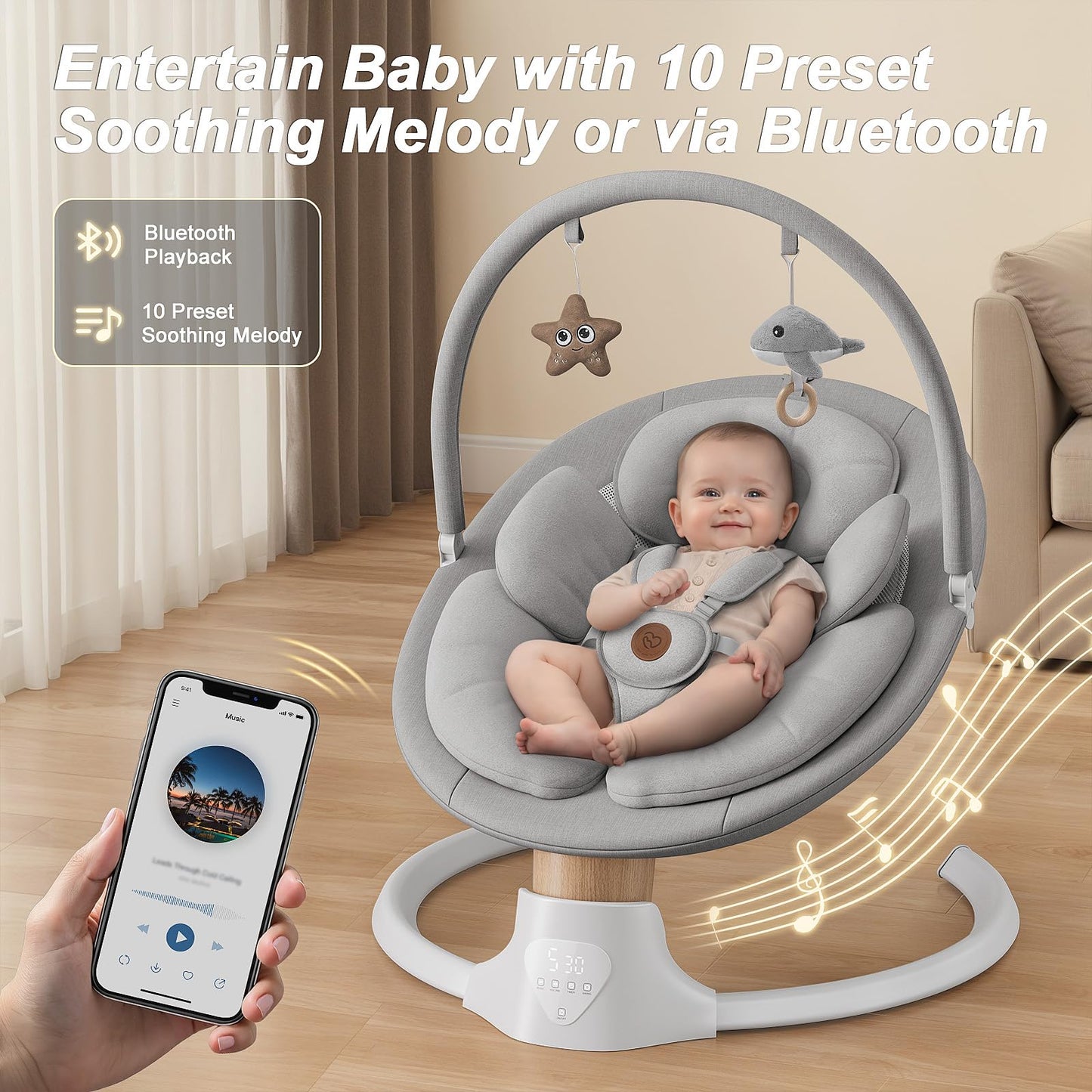 Baby Swings for Infants, FasonBaby Electric Baby Swing with Music Speaker, 5 Speeds, Remote Control and Bluetooth - Portable Infant Swing for Indoor and Outdoor (Gray)