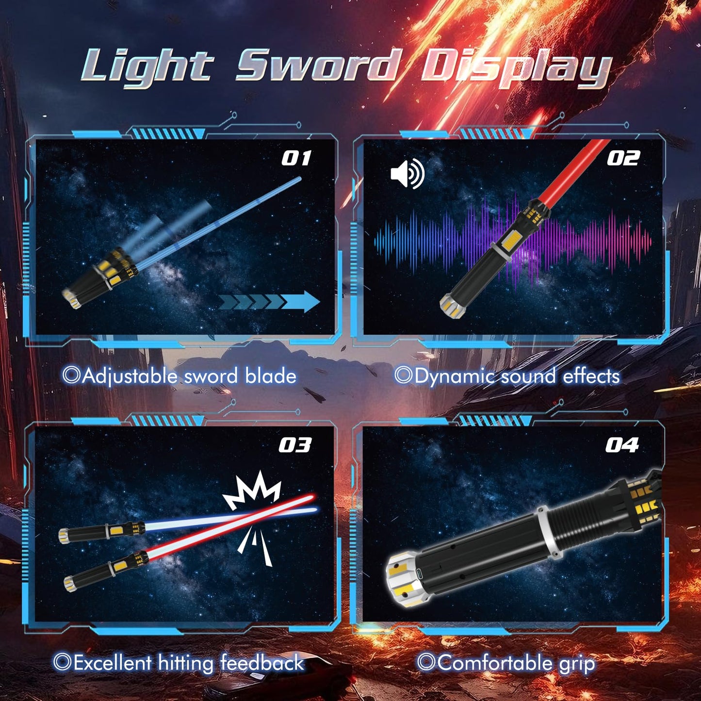 FlashyU 4 Pack Light Up Sabers for Kids Toddlers, Dueling Light Up Sword Toy for Boys, Space War Party Cosplay Xmas Birthday Gifts for Teen Men Age 4 5 6 7 8 9 10+