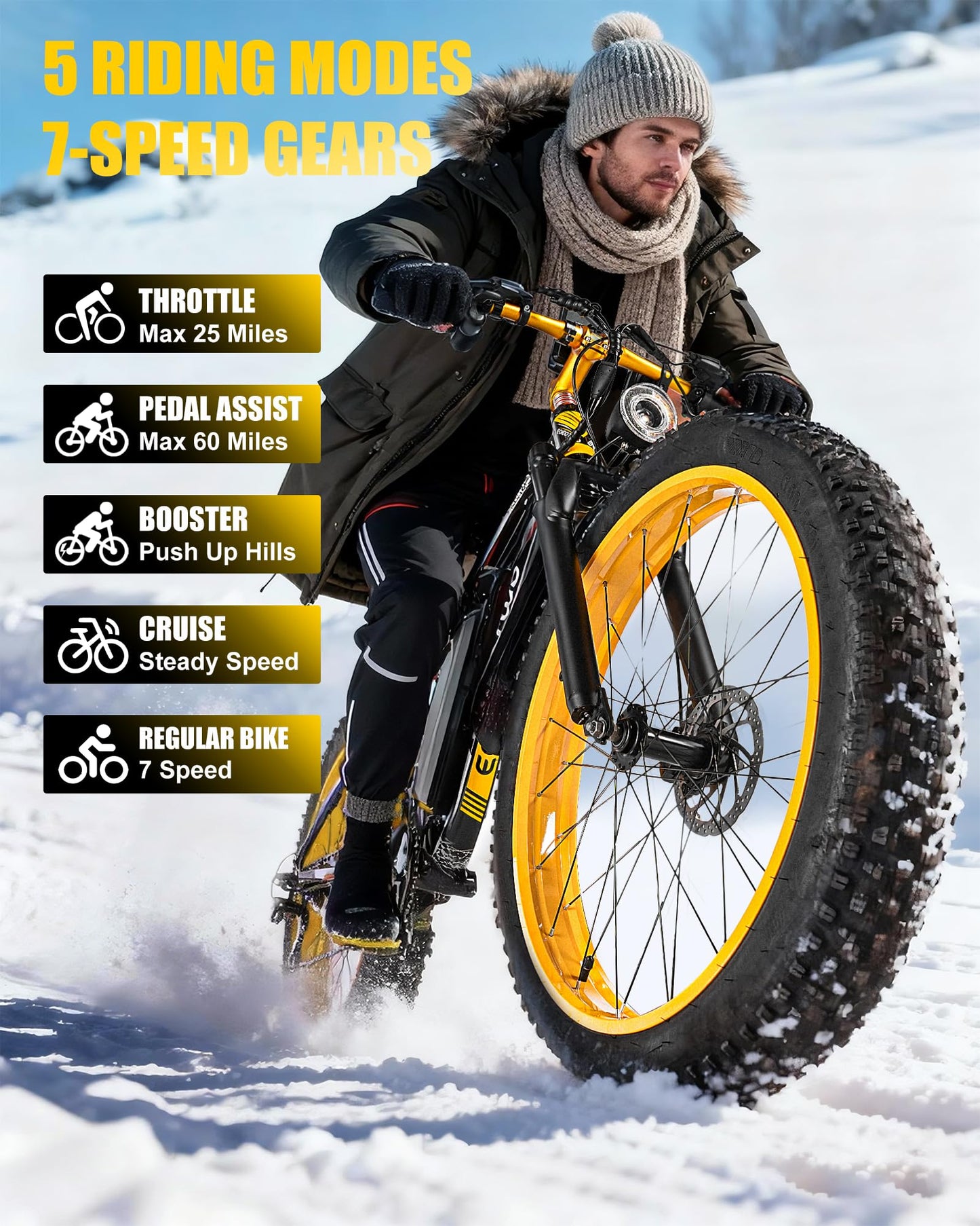 EOEOTWO Electric Bike for Adults,1500W Peak Motor E Bikes, 26" Fat Tire Electric Bicycle, 30/33 MPH 60/70 Miles All Terrain E Bikes E Bike, Removable Battery, Dual Brake, 7 Speed, Yellow ﻿ ﻿