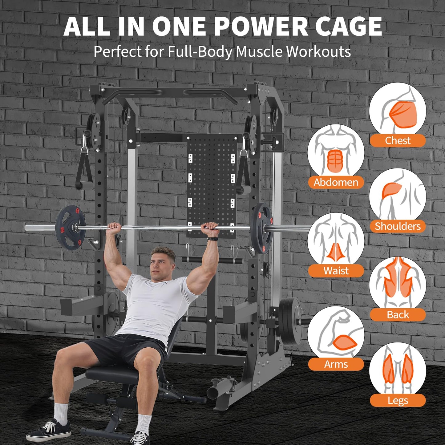 Power Cage, 2000 LB Squat Rack with Dual Pulley Cable Crossover, Multi-Function Home Gym Power Rack with Attachments, Full Body Strength Training Equipment for Home