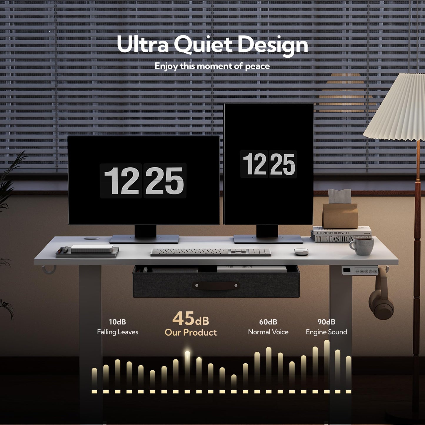 Seang Standing Desk with Drawer, 55" x 24" Height Adjustable Stand Up Desk, 3 Memory Height Settings with Cable Grommets & Storage Hooks, Ideal for Home & Office, White