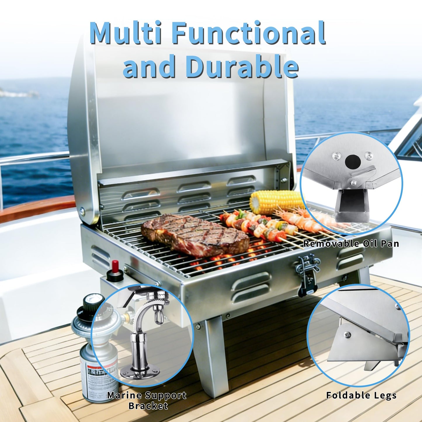 Pvrud Boat Grill Stainless Steel Marine Grade Propane Gas Grill Adjustable Rotating Barbecue Grill with Folding Legs for Boat Camping Yacht Backyard