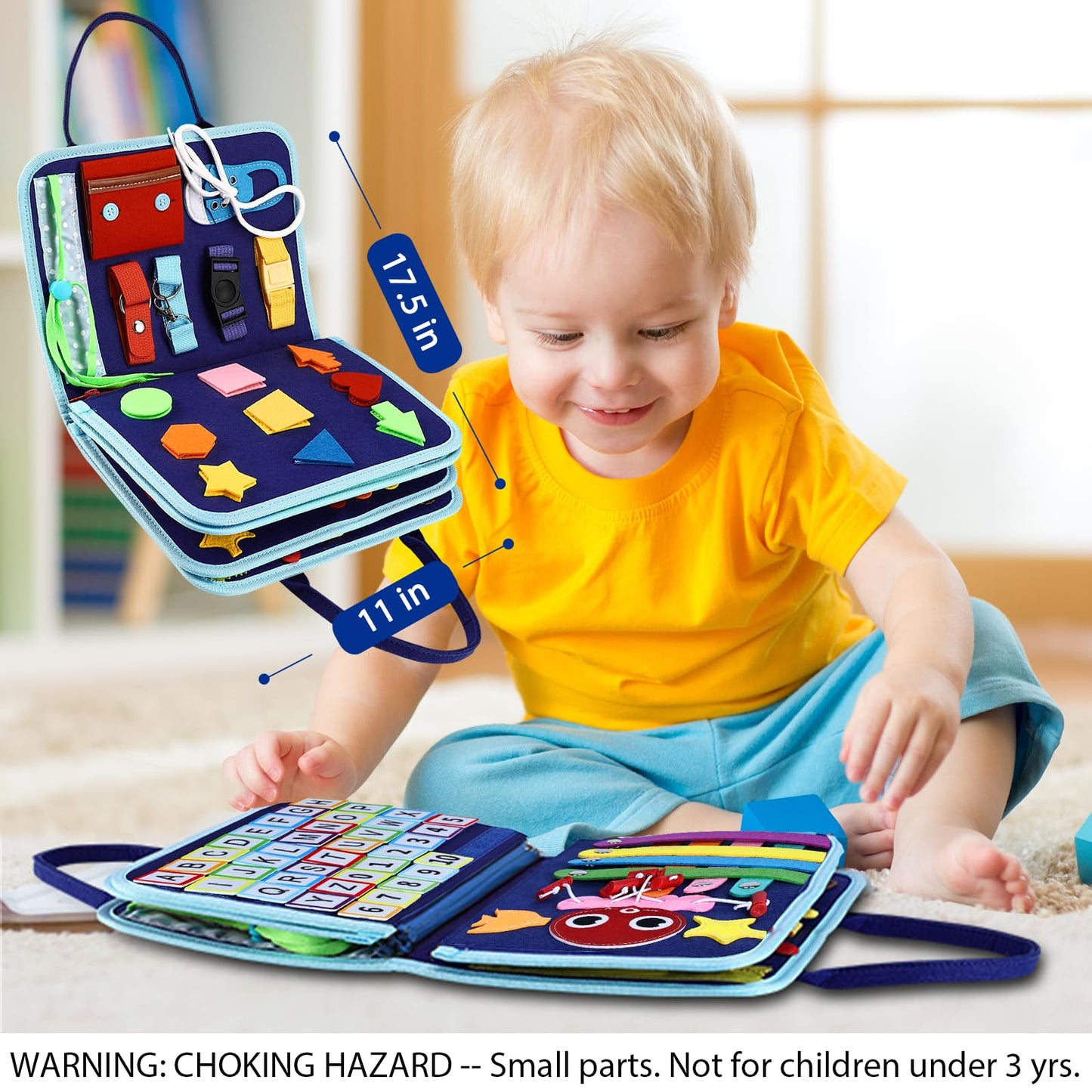 Esjay Toddler Busy Board Montessori Toys for Boys, Sensory Book Educational Activities for Learning Fine Motor Skills, Birthday Gifts for Boys Toddlers, Travel Toys for Airplane Car, Blue Dinosaur