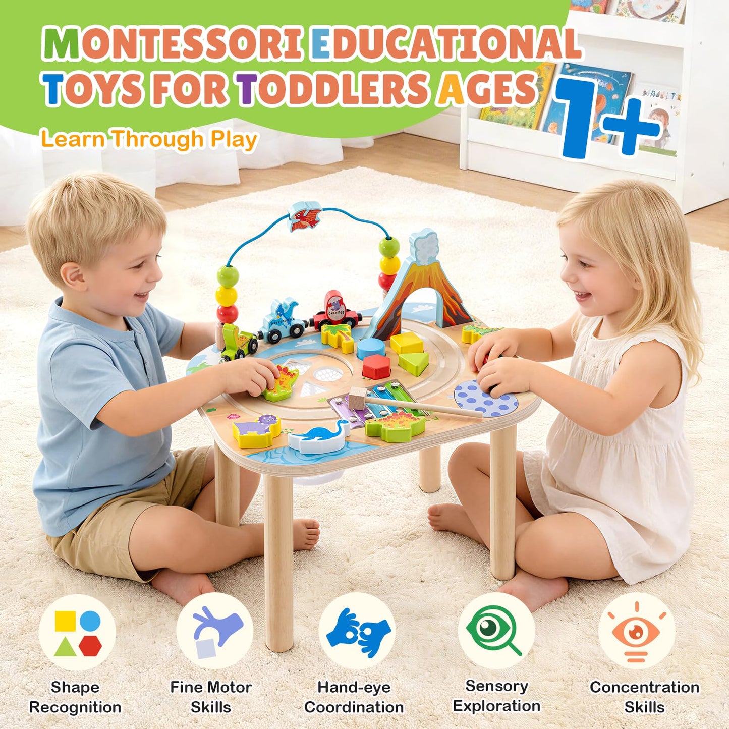Activity Table for 1 Year Old with Two Height Levels,Wooden Sensory Play Table for Toddlers 1-3,8 in 1 Montessori Learning Toy with Bead Maze, Shape Sorter,Train,Gift for Baby Boys Girls (Dinosaur)