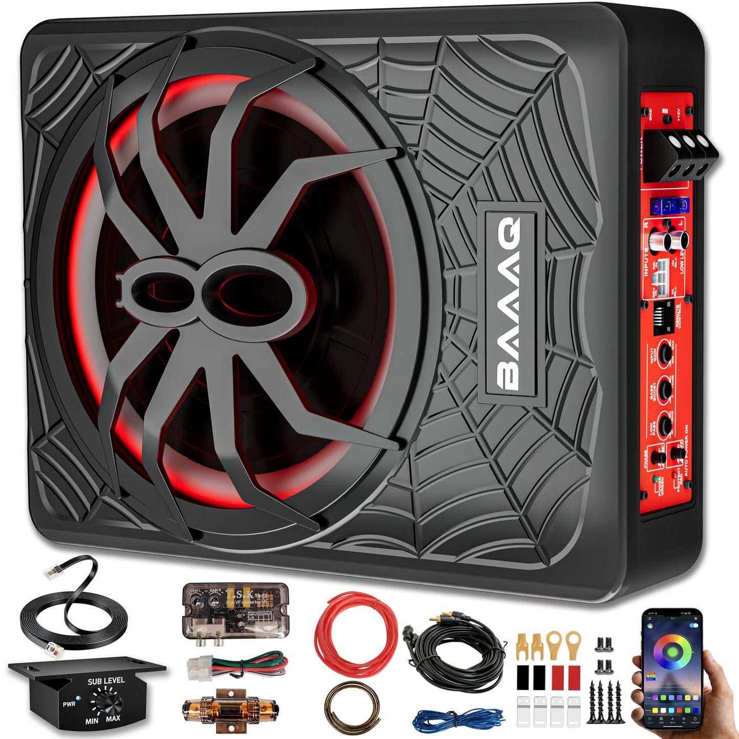 Baaaq Slim Underseat Powered Car Subwoofer, 2026 Upgraded 10 inch 1200W Car/Truck Audio Subwoofer with Built-in Amplifier Amp Combo Package, Powerful bass and RGB LED Ambient Light for Car and Truck