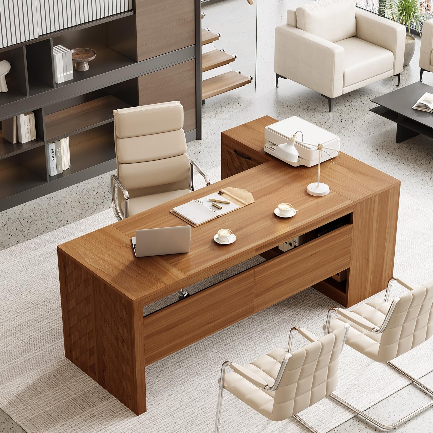 LITTLE TREE 78.7-Inch L-Shaped Executive Desk, Large Home Office Desk with 2 File Drawers and Storage Shelves (Warm Brown)