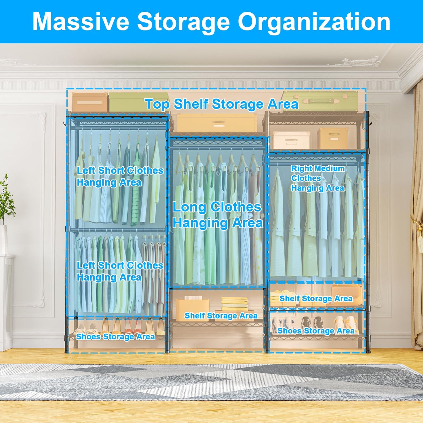 Ulif E13C Heavy Duty Closet Organizer System，Freestanding Clothing Racks for Hanging Clothes，Adjustable Garment Rack 63" W x 16" D x 77" H Hold 960 lbs，Black Clothing Rack with Black Dustproof Cover