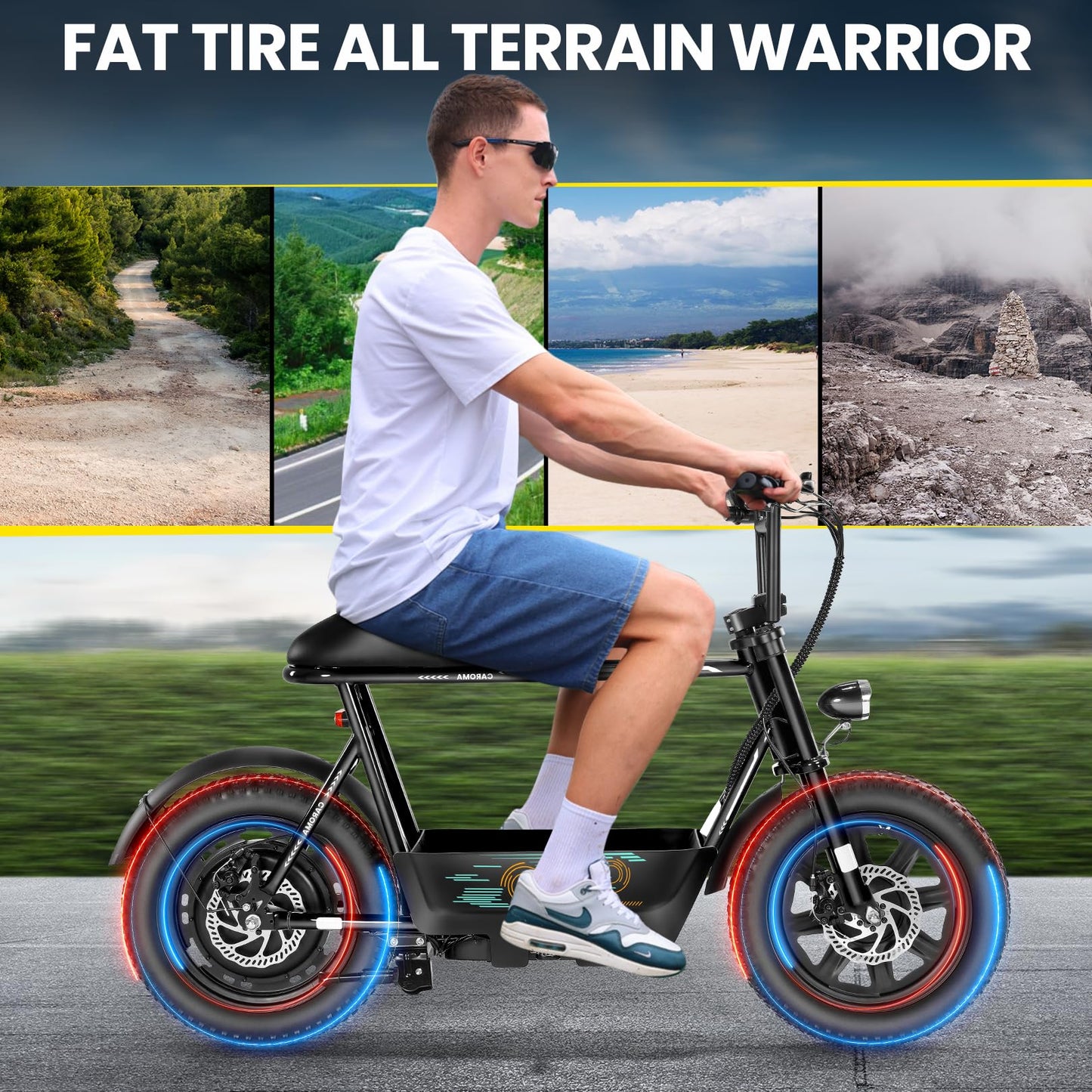Caroma Peak 1200W Electric Scooters with Seat, 16" Fat Tire for All-Terrain, 30Miles Max Range, 20mph Top Speed, Commuter Escooter for Adults&Teens, Electric Motorcycle with Carry Basket，Black