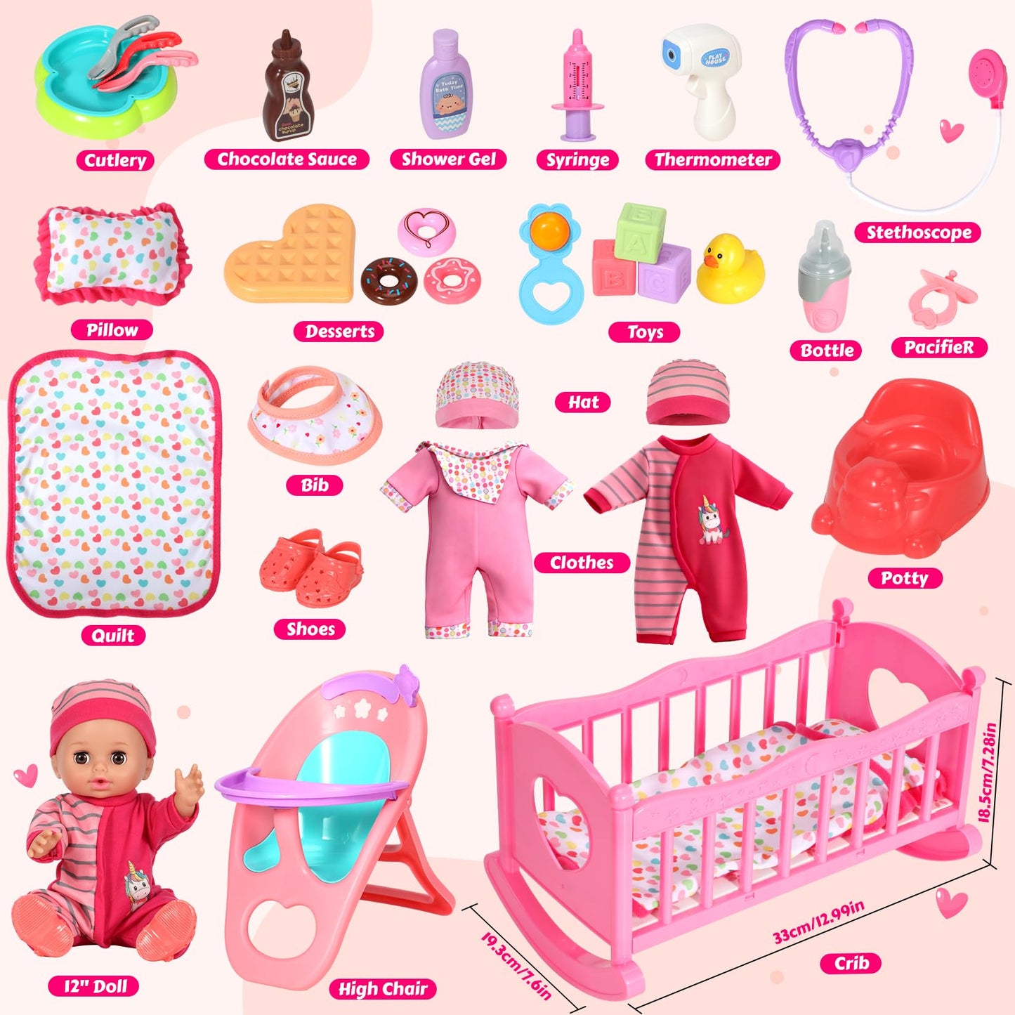 DRAMATION 12'' Interactive Baby Doll Set with Crib and High Chair, 32 PCS Baby Doll Toys Speaking 12 Sounds with Baby Doll Accessories, Doll Playset for Toddler Girl Toys Gifts 3 4 5 Years Old