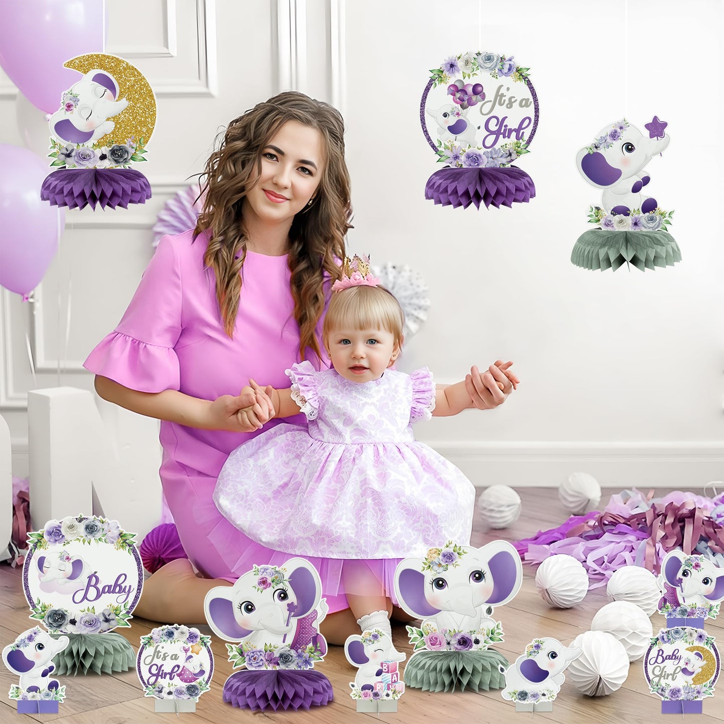 12 Pcs Purple Floral Elephant Honeycomb Centerpieces - Girl Baby Shower Party Table Decorations - Welcome Baby Party Table Toppers - Photo Props Decor