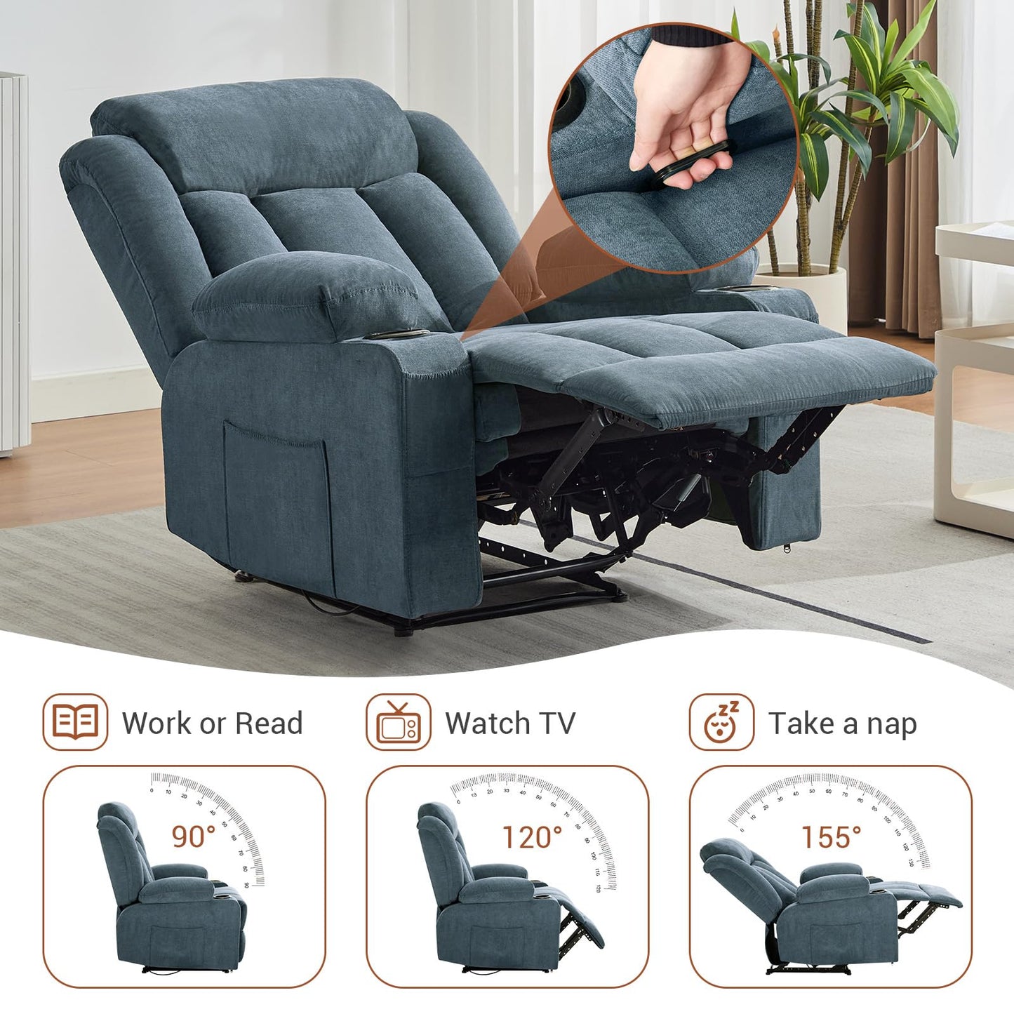 IDEALHOUSE Recliner Chair with Massage and Heat, 37.4" Oversized Recliner with Vibration Massage and Side Pocket, Reclining Chair for Living Room, Bedroom, Blue